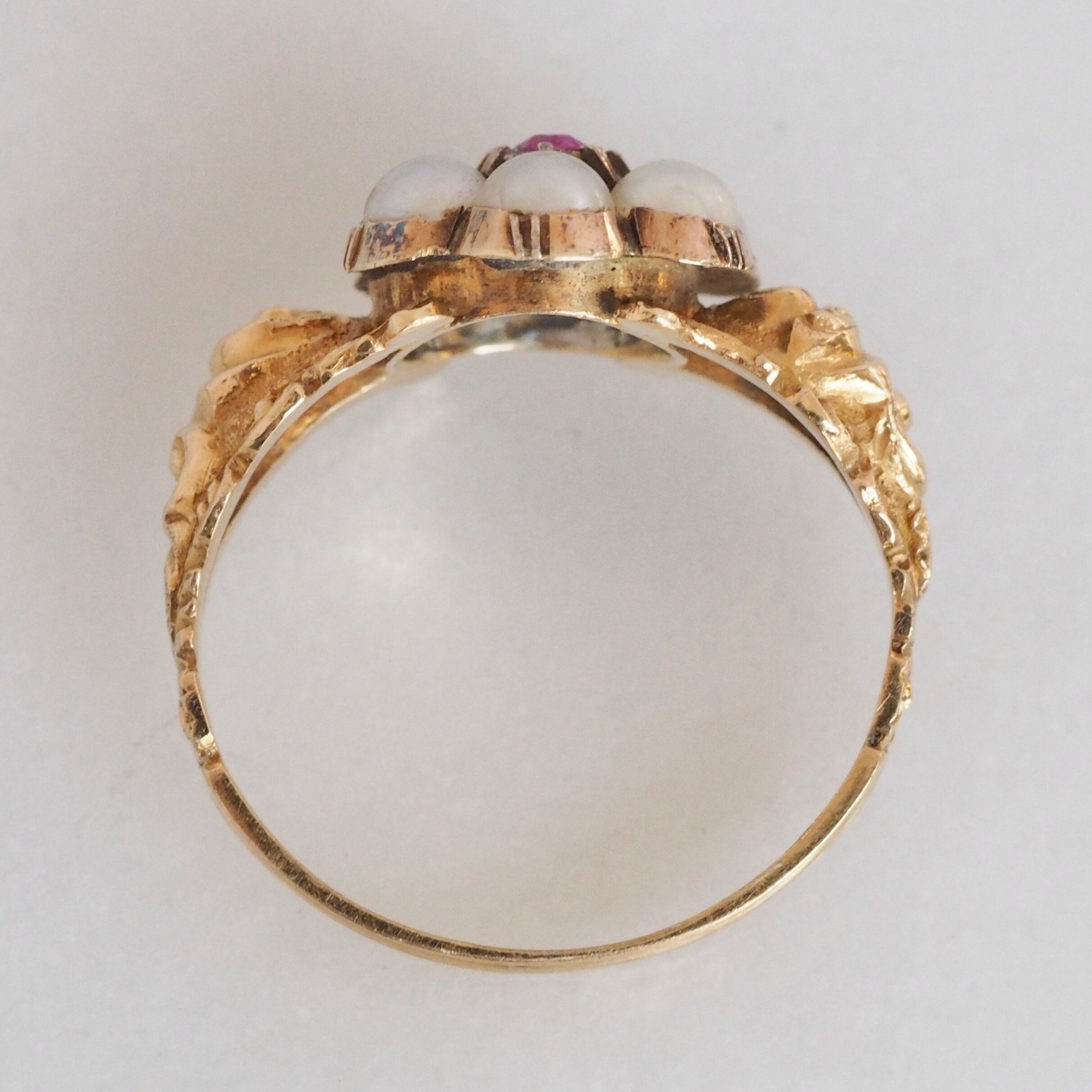 Antique Georgian 18k Gold Ruby and Pearl Halo Ring