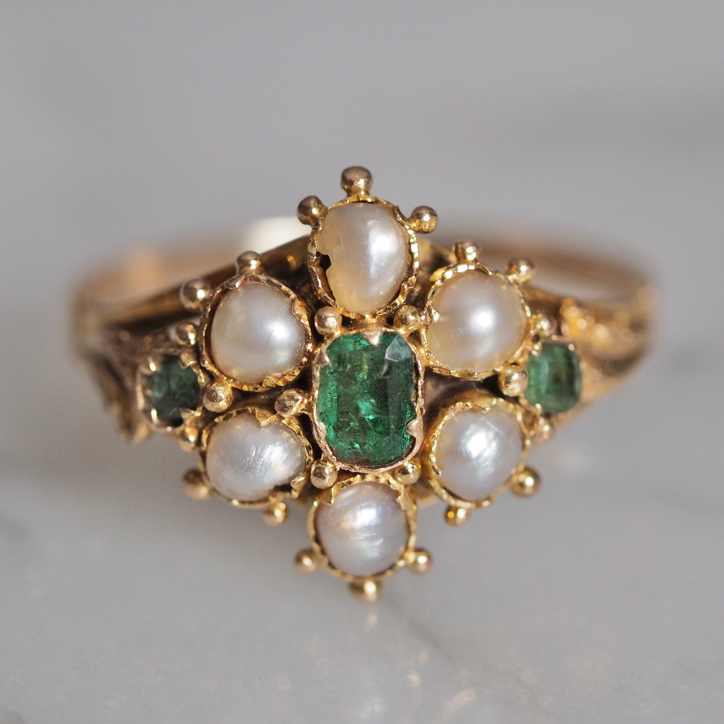 Antique Georgian c. 1820-1830 15k Gold Emerald and Natural Pearl Ring