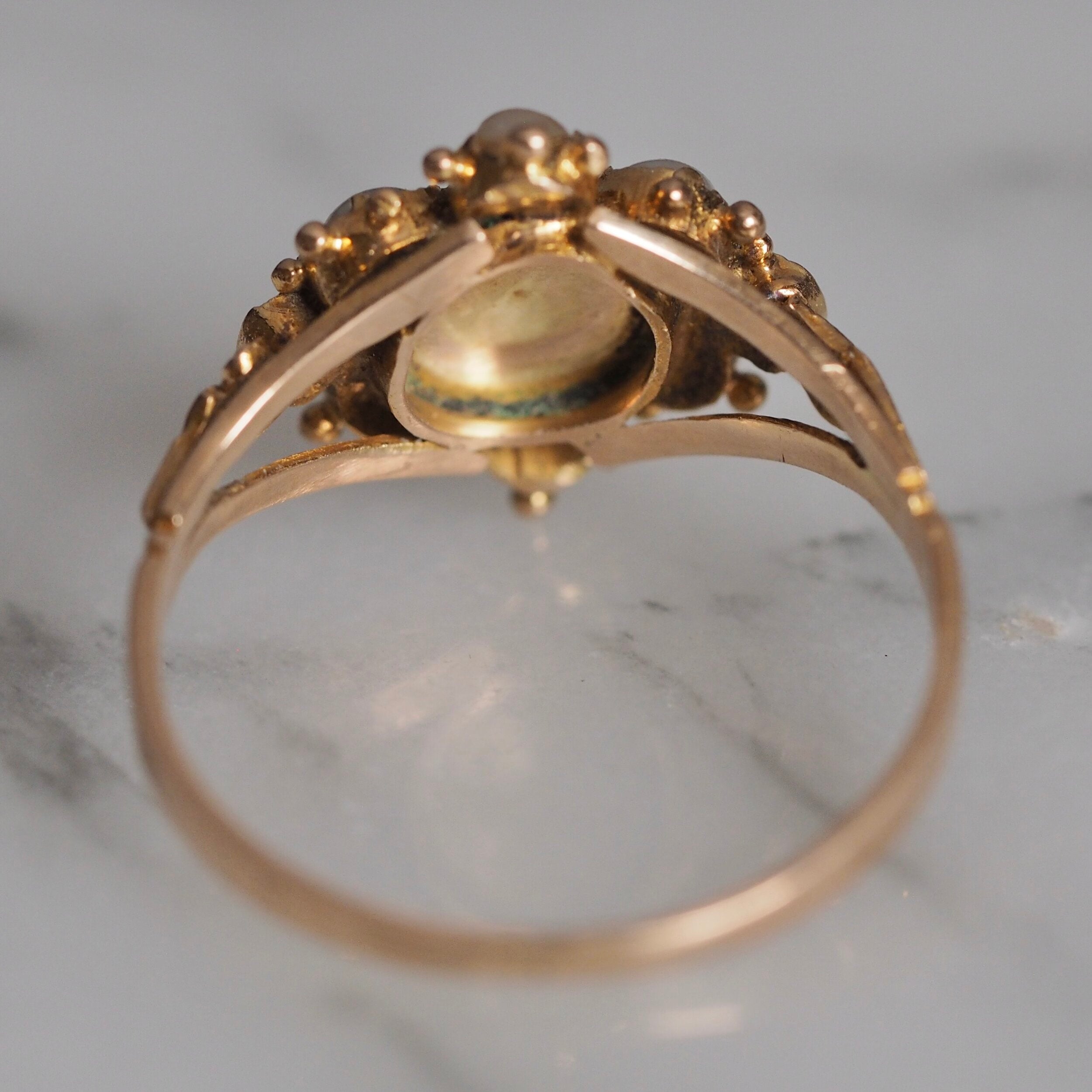 Antique Georgian c. 1820-1830 15k Gold Emerald and Natural Pearl Ring