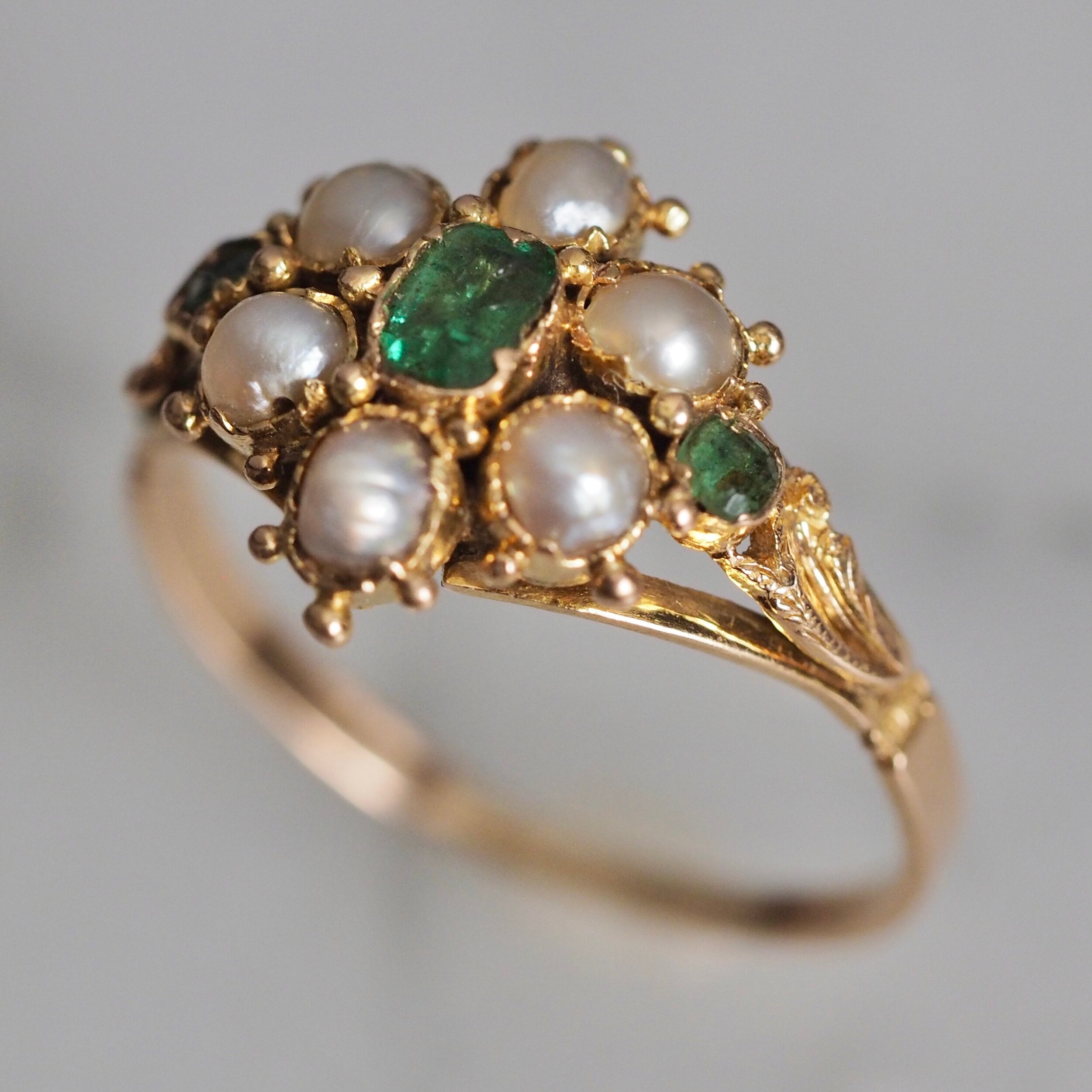 Antique Georgian c. 1820-1830 15k Gold Emerald and Natural Pearl Ring