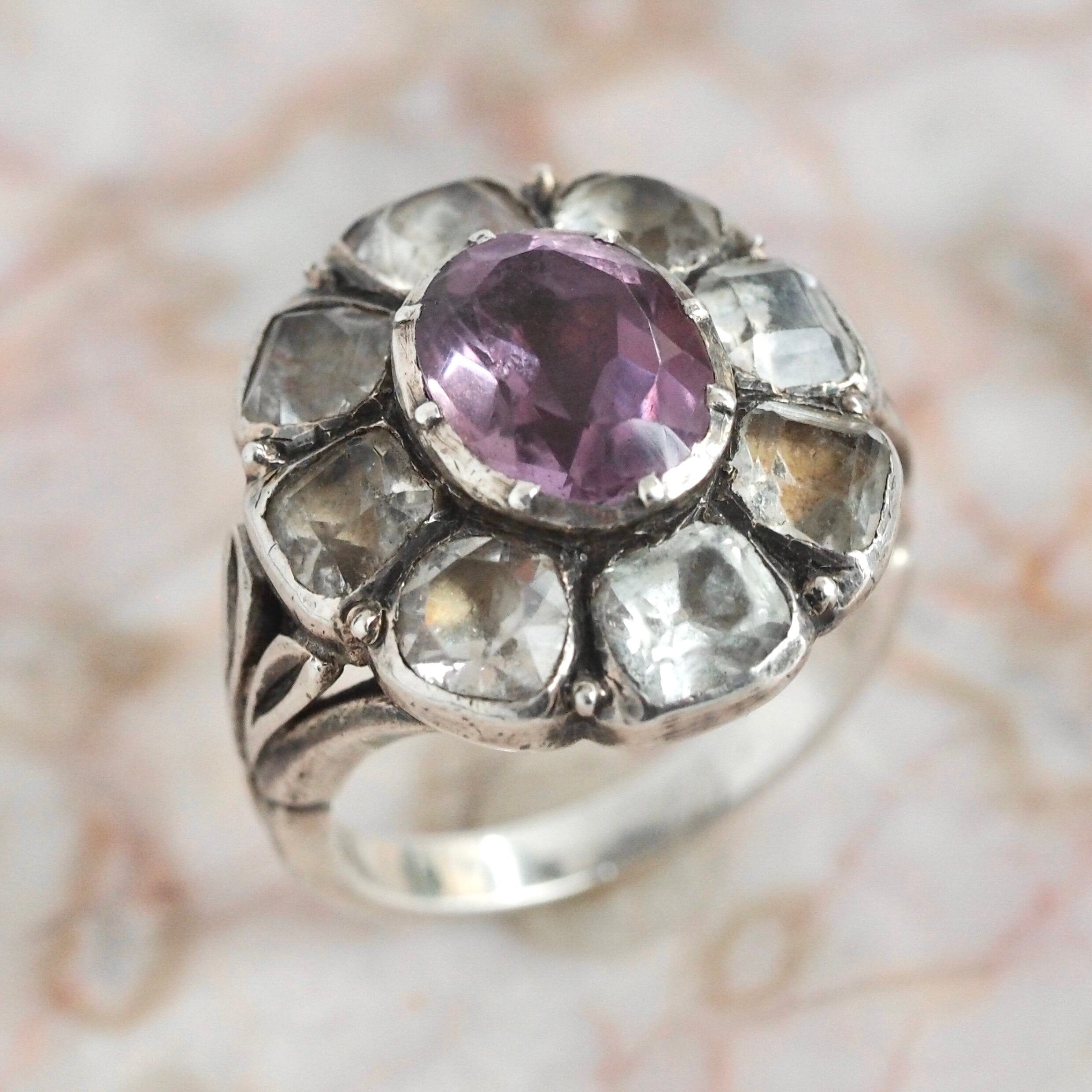 Antique Portuguese 18th Century “Minas Novas” Silver Amethyst and Quartz Ring