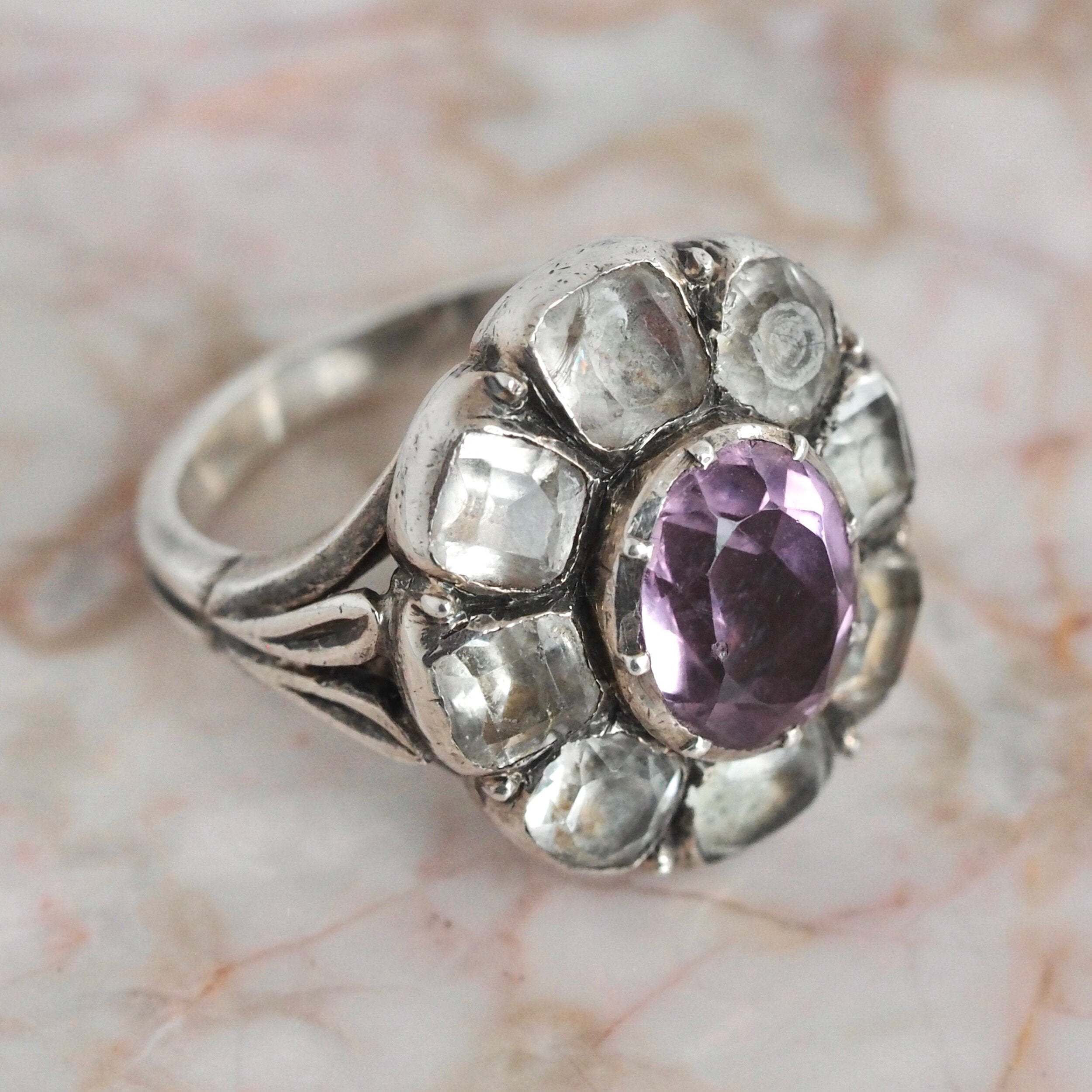 Antique Portuguese 18th Century “Minas Novas” Silver Amethyst and Quartz Ring