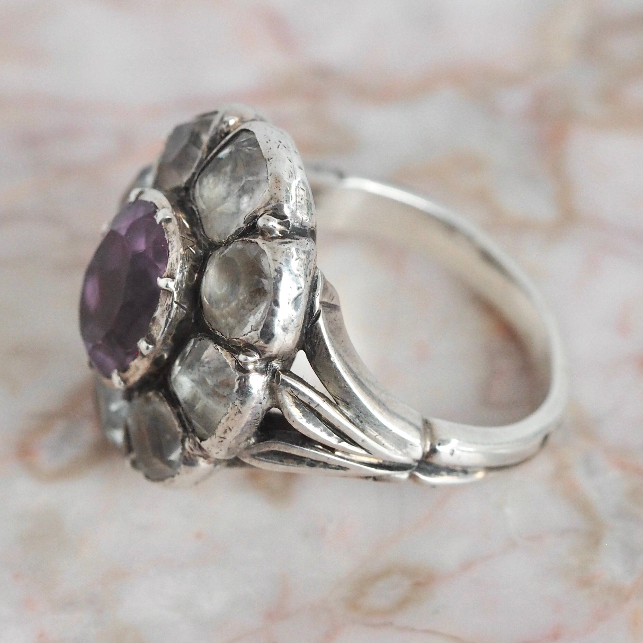 Antique Portuguese 18th Century “Minas Novas” Silver Amethyst and Quartz Ring