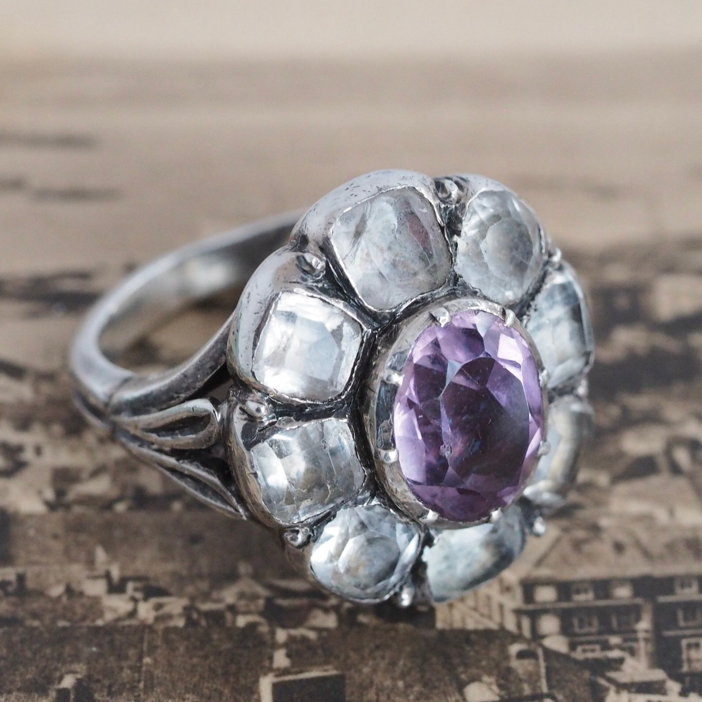 Antique Portuguese 18th Century “Minas Novas” Silver Amethyst and Quartz Ring