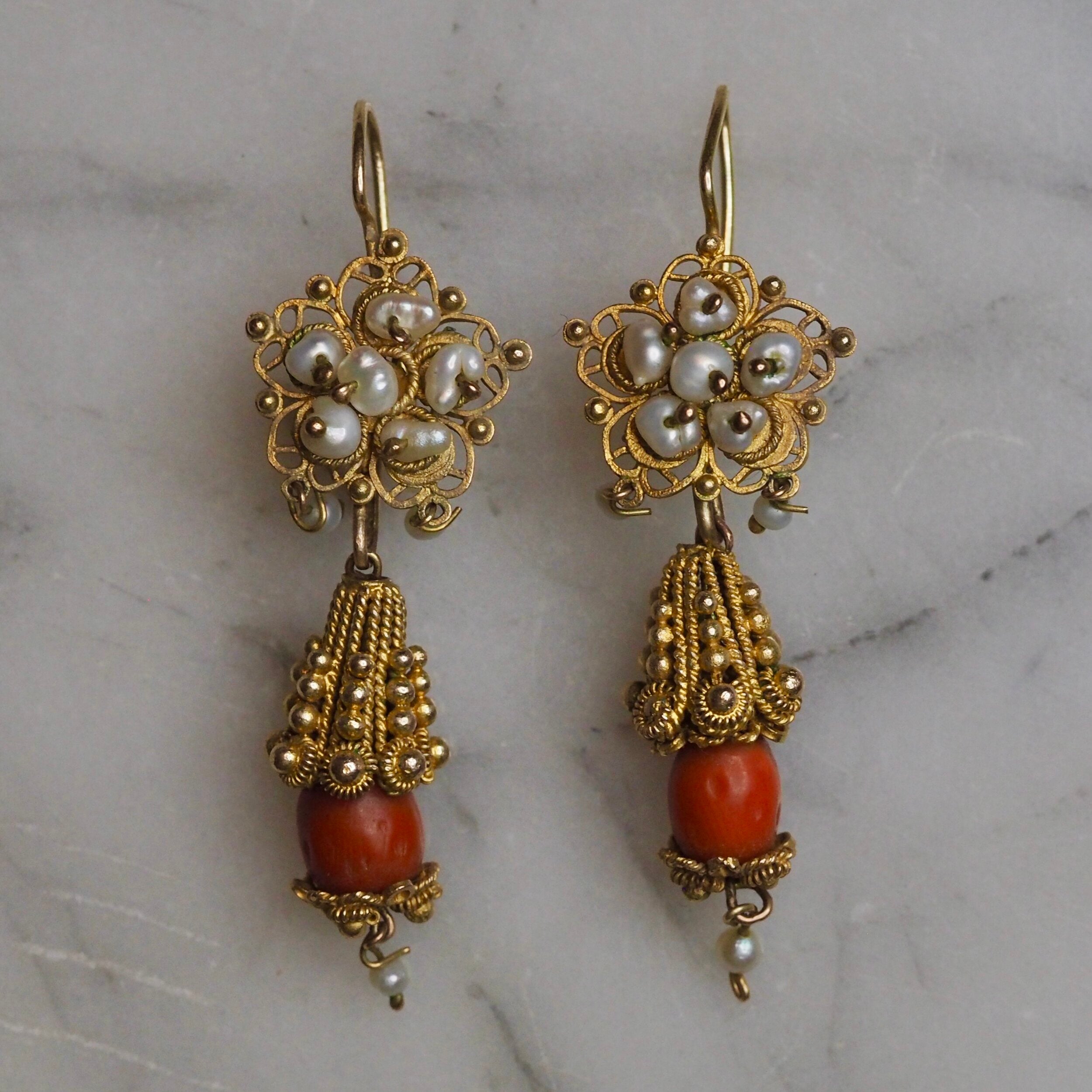 Antique Rare Mexican 10k Gold Cannetille Coral and Pearl Earrings from Oaxaca