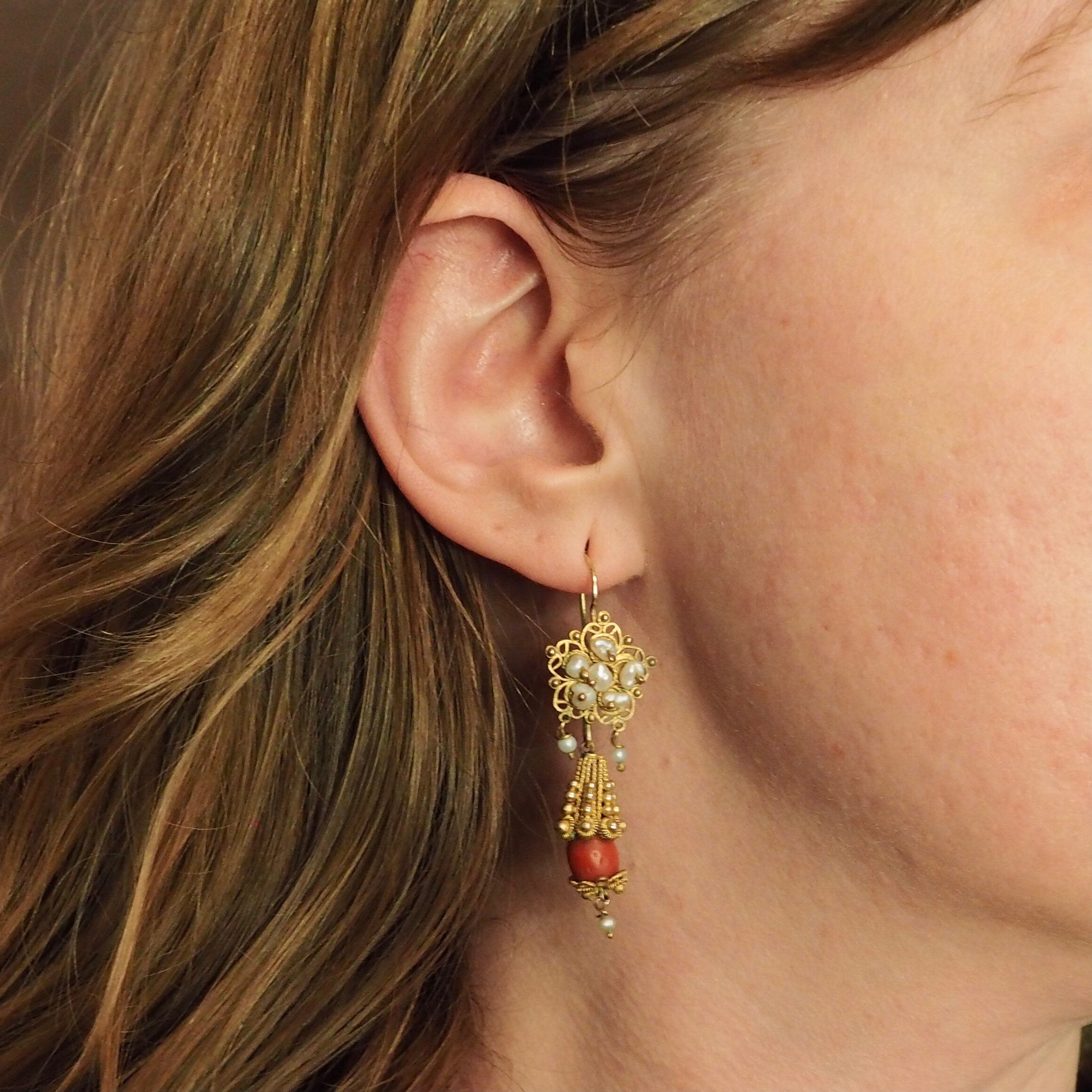 Antique Rare Mexican 10k Gold Cannetille Coral and Pearl Earrings from Oaxaca