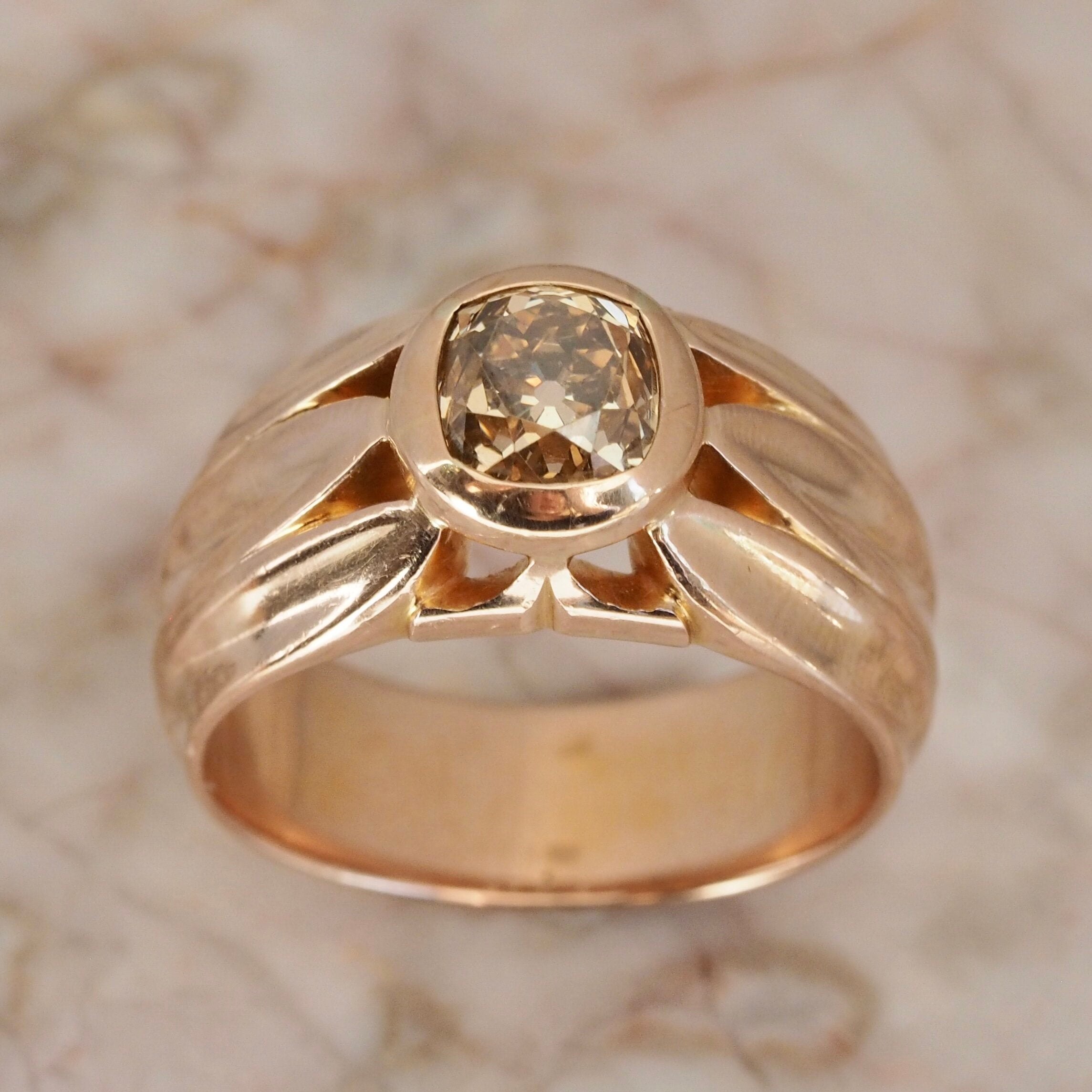 Antique Russian 18k Rose Gold Old Mine Cut DIamond Ring