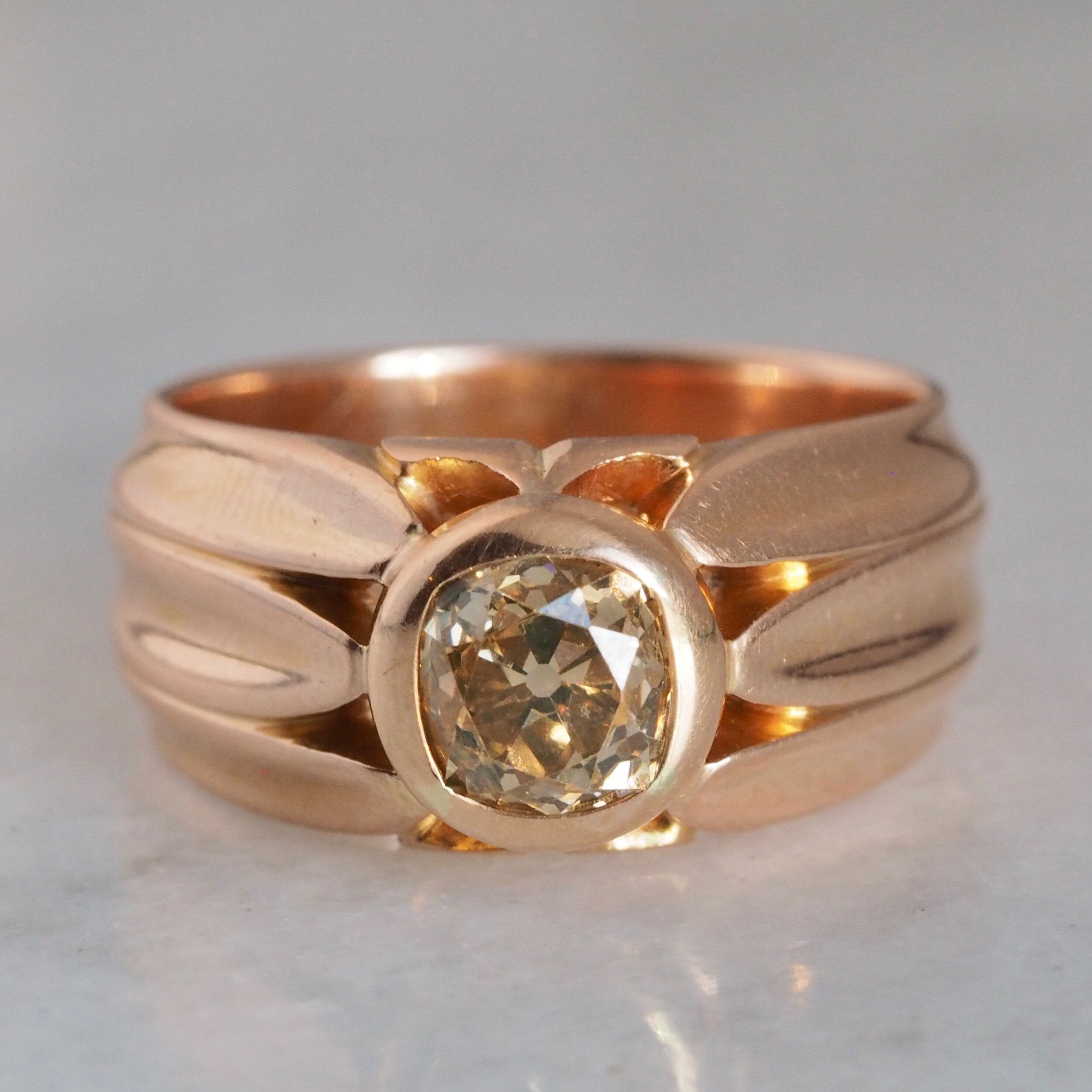 Antique Russian 18k Rose Gold Old Mine Cut DIamond Ring