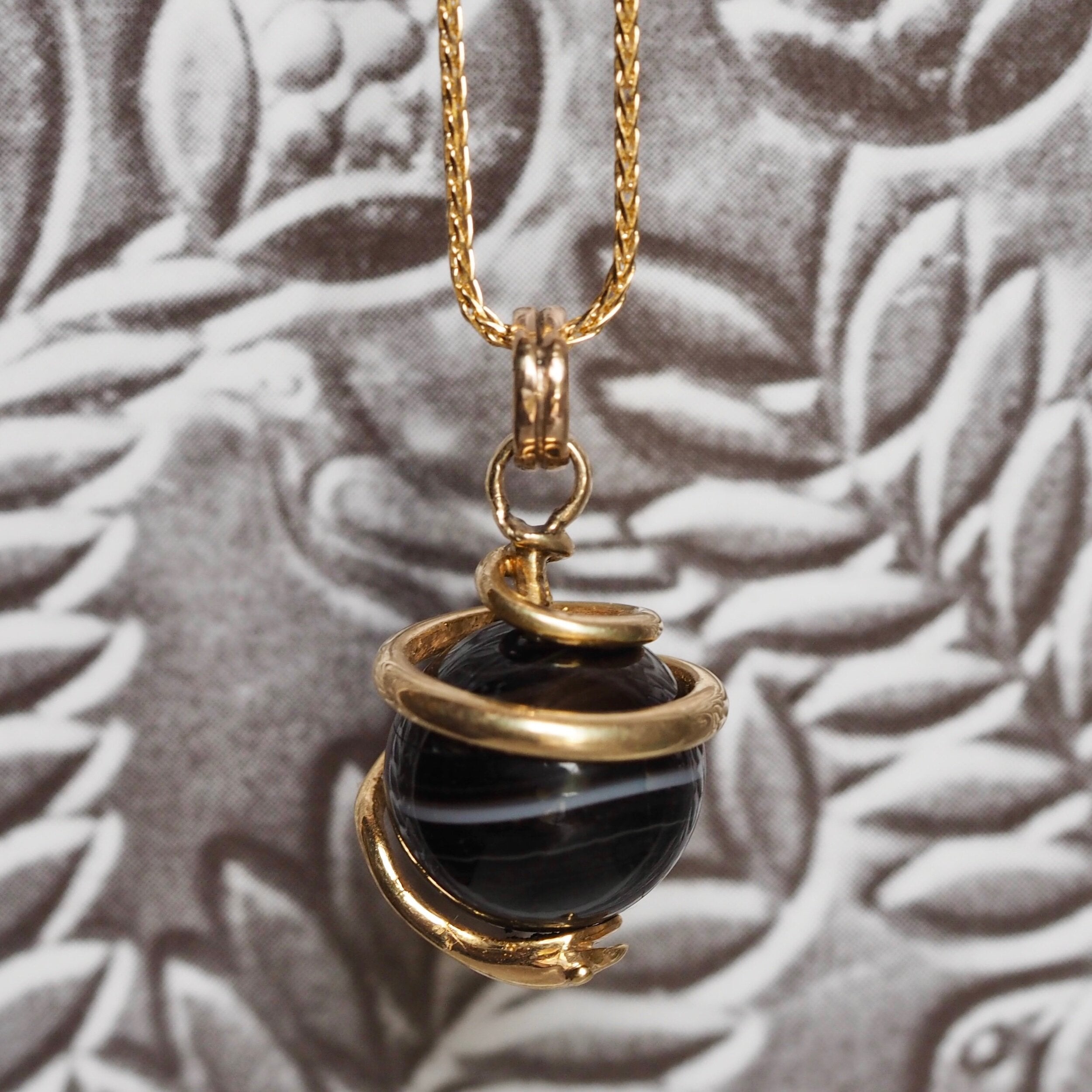 Antique Victorian 14k Gold Banded Agate Coiled Snake Pendant
