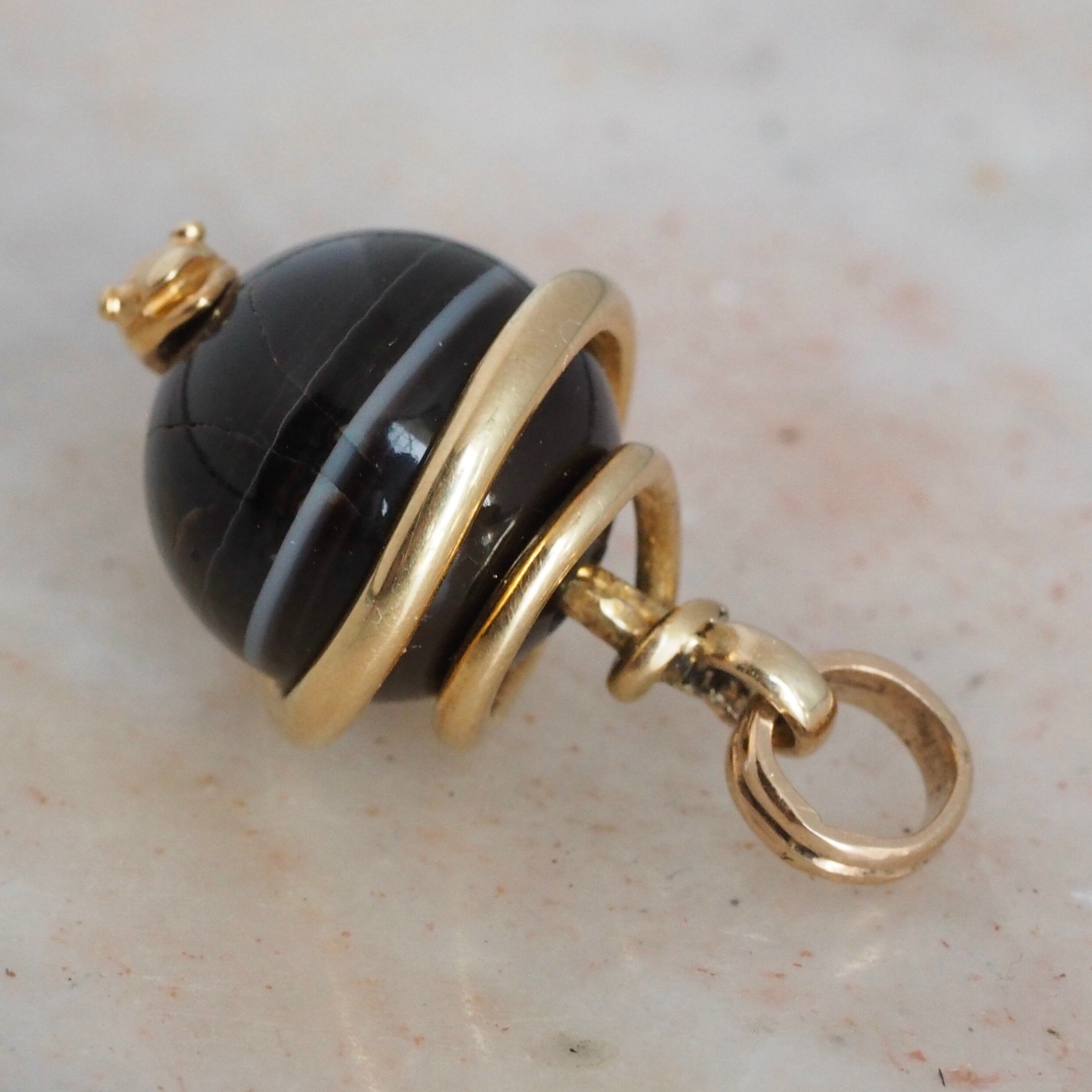 Antique Victorian 14k Gold Banded Agate Coiled Snake Pendant
