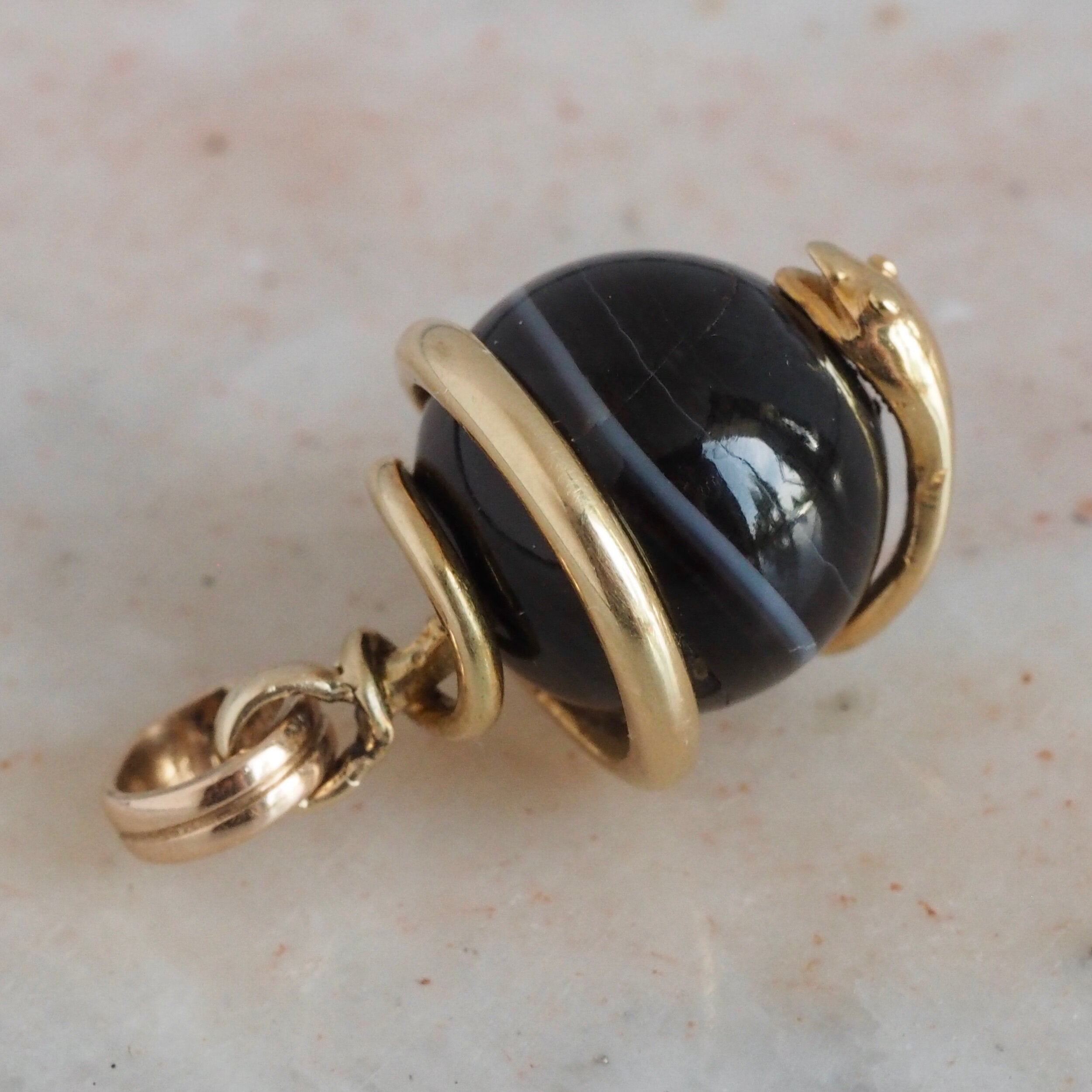 Antique Victorian 14k Gold Banded Agate Coiled Snake Pendant