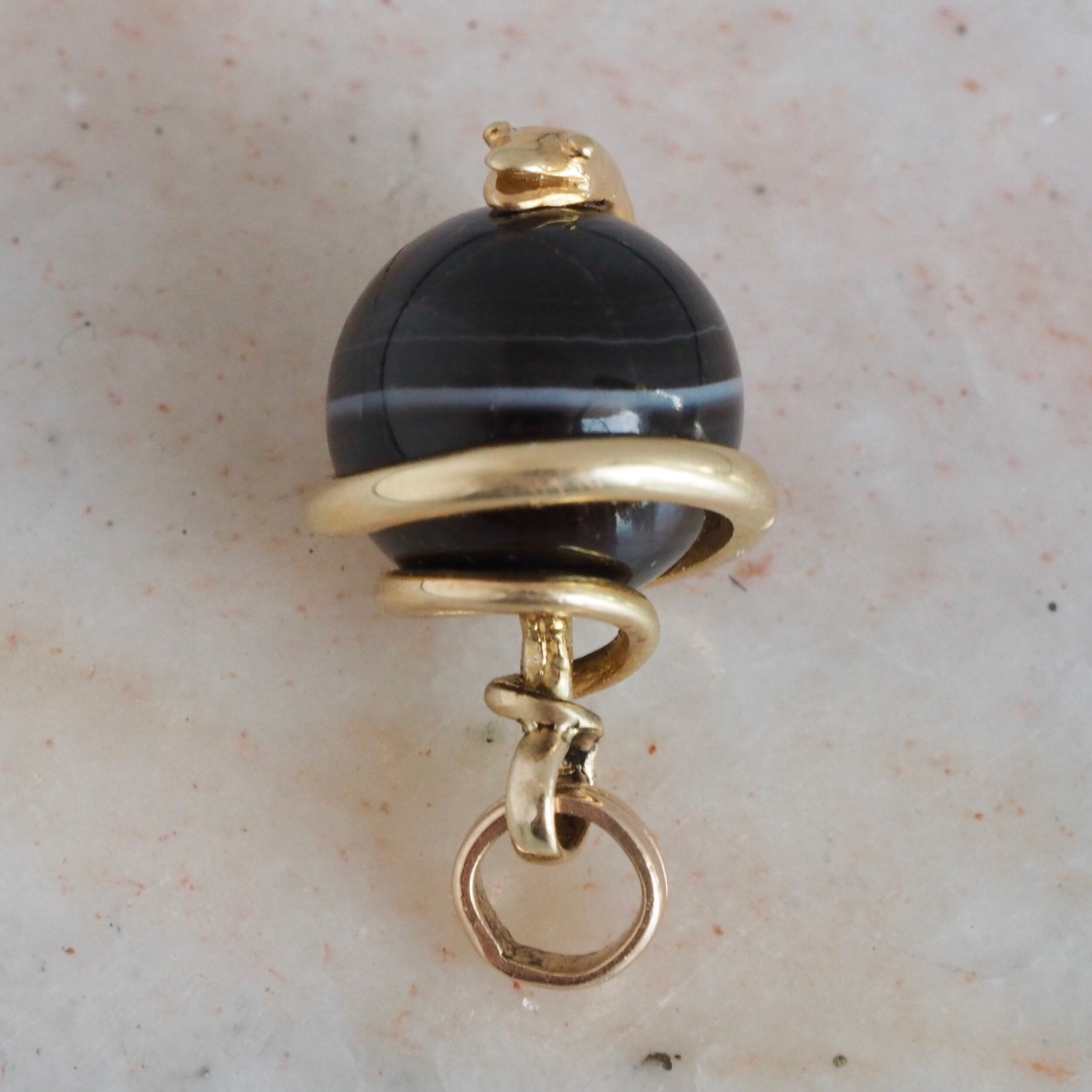 Antique Victorian 14k Gold Banded Agate Coiled Snake Pendant