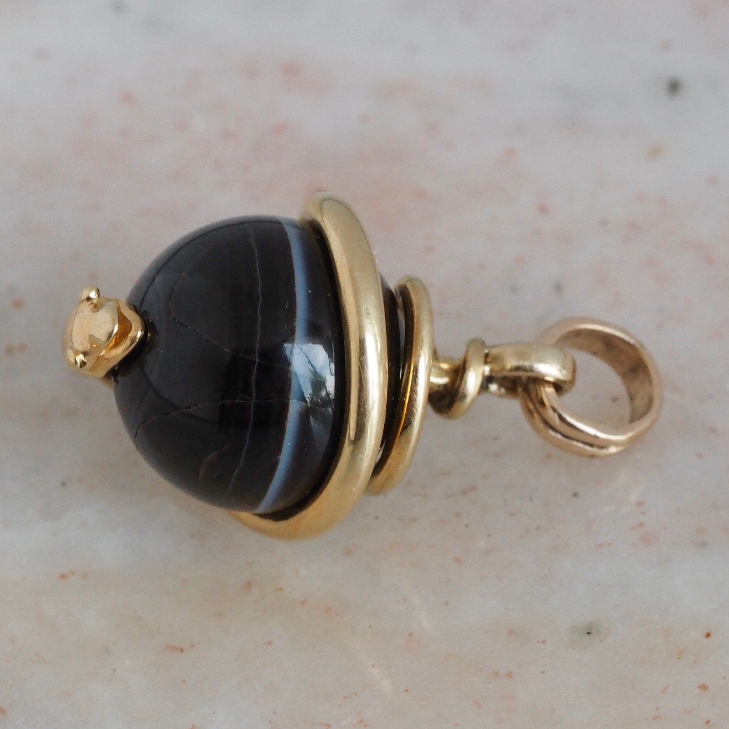 Antique Victorian 14k Gold Banded Agate Coiled Snake Pendant