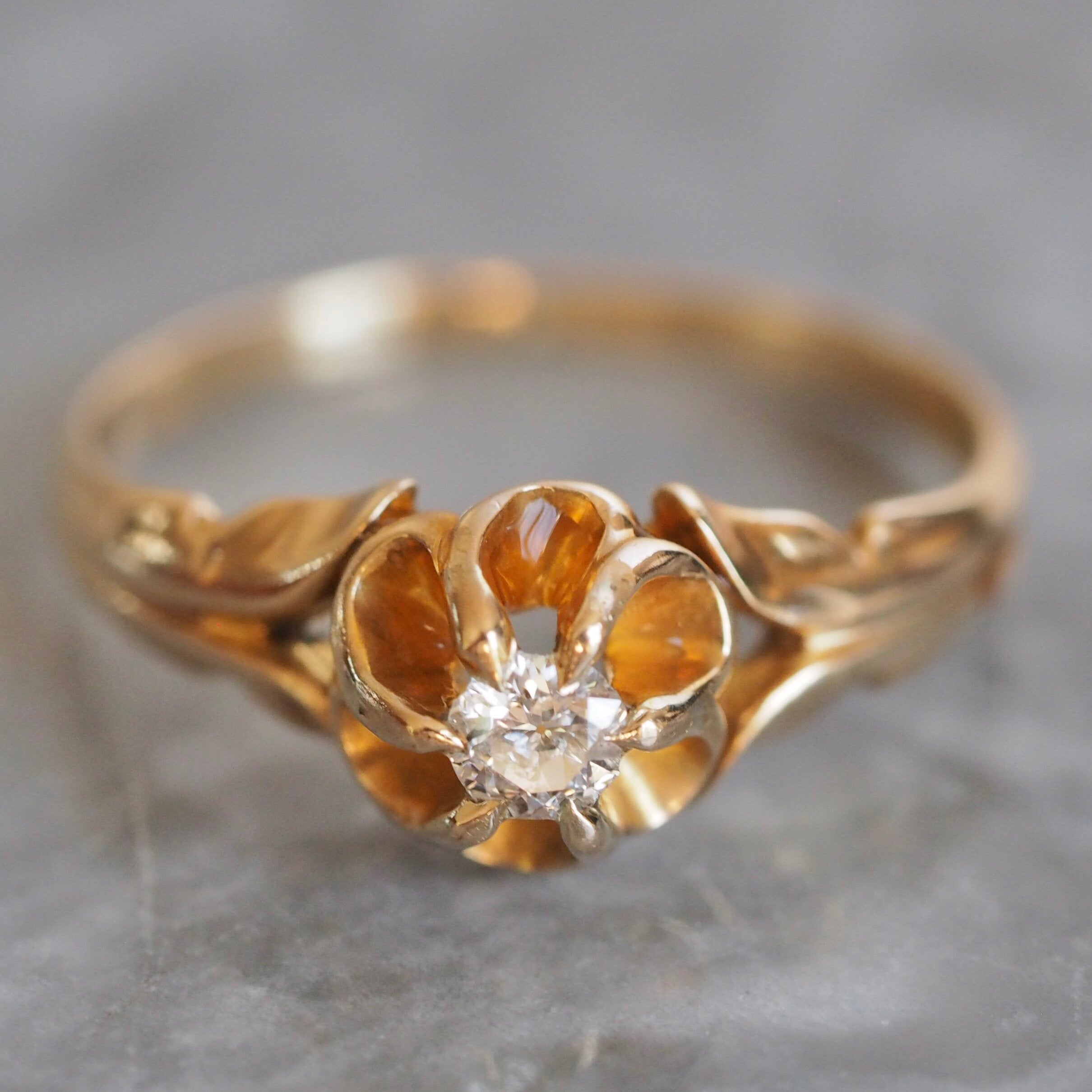 Antique Victorian 14k Gold Belcher Set Old Mine Cut Diamond Ring