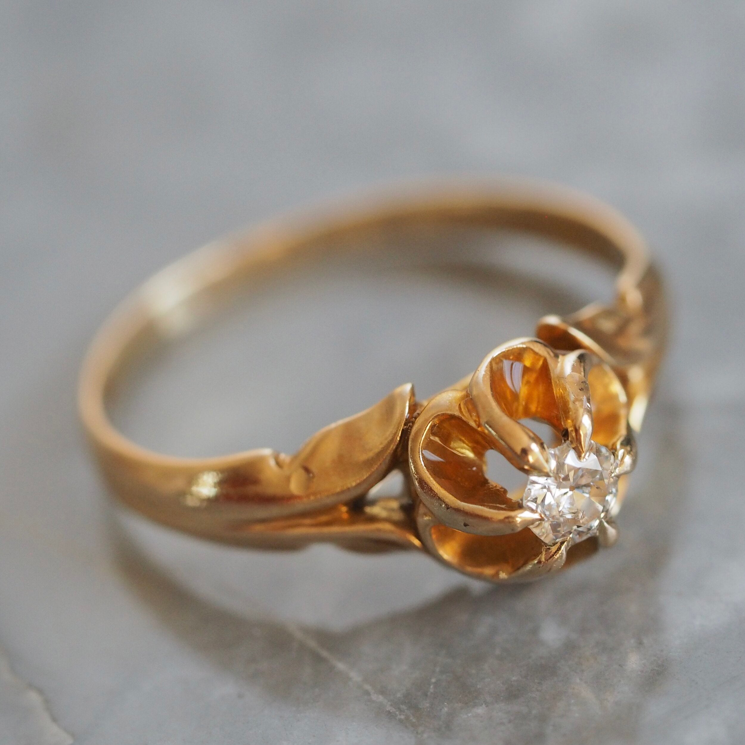 Antique Victorian 14k Gold Belcher Set Old Mine Cut Diamond Ring