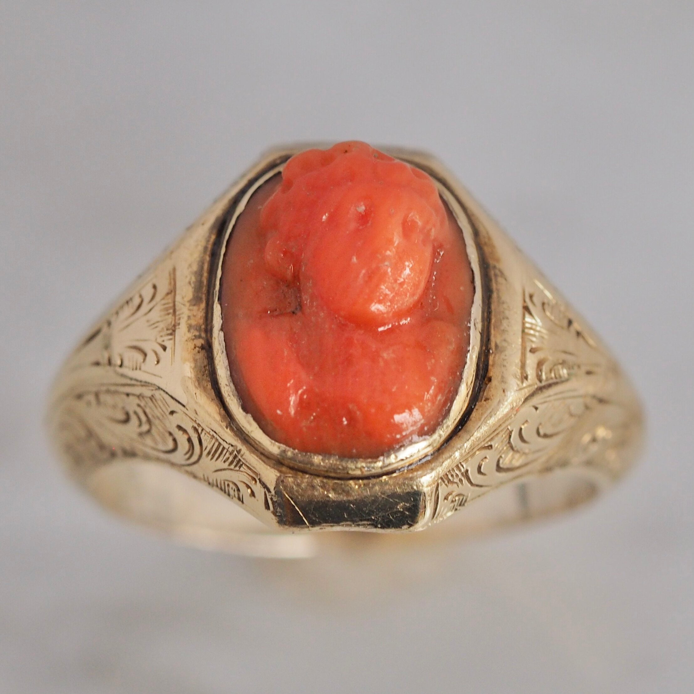 Antique Victorian 14k Gold Coral Cameo Ring