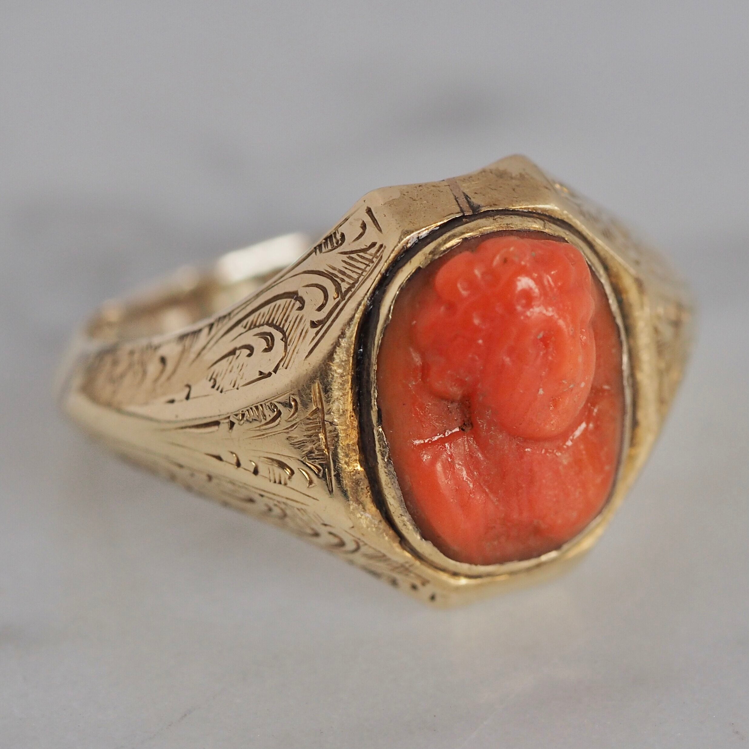 Antique Victorian 14k Gold Coral Cameo Ring