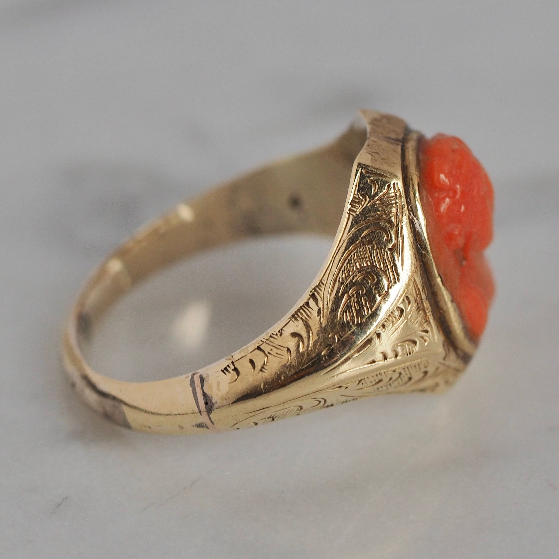 Antique Victorian 14k Gold Coral Cameo Ring