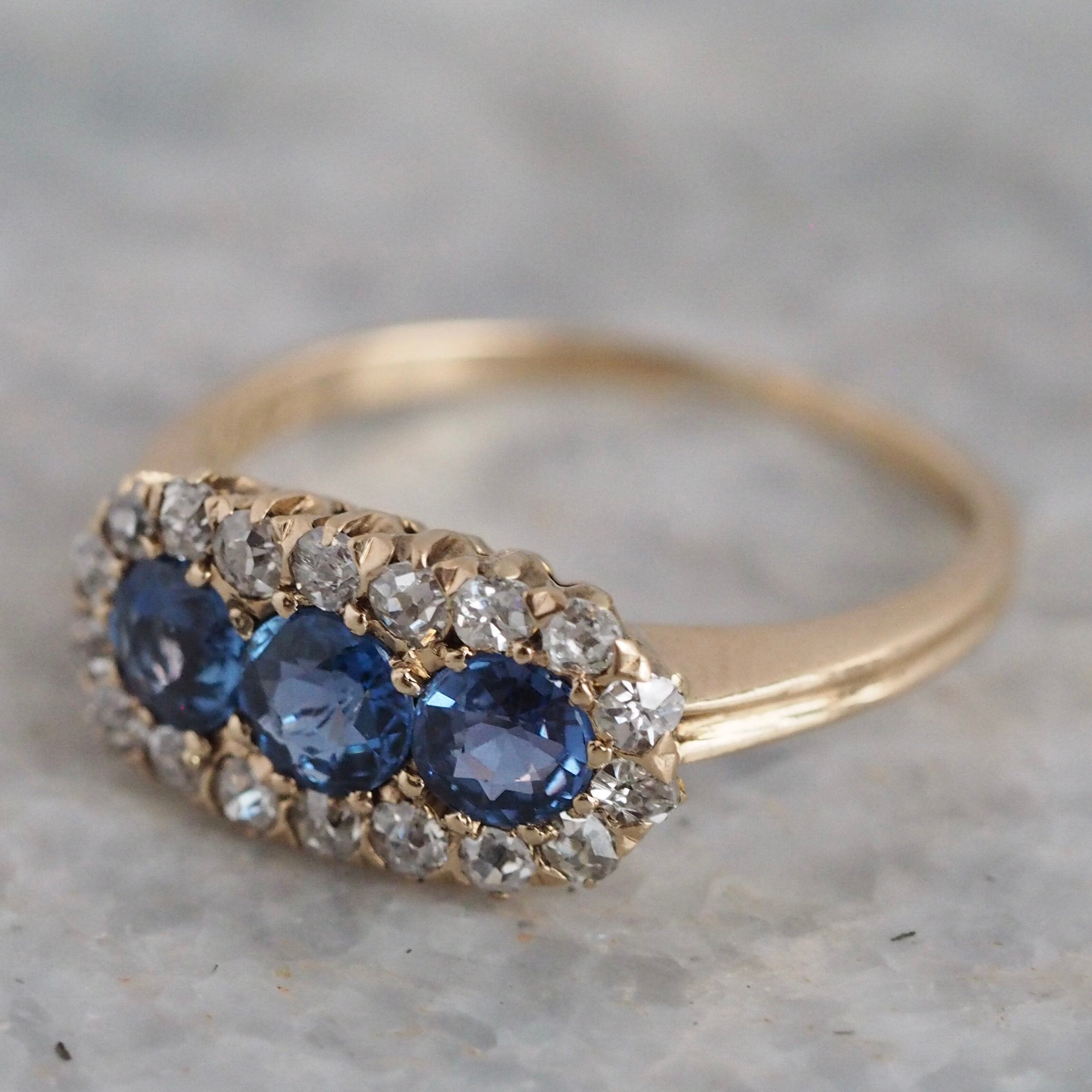 Antique Victorian 14k Gold Natural Sapphire and Old Mine Cut Diamond Ring
