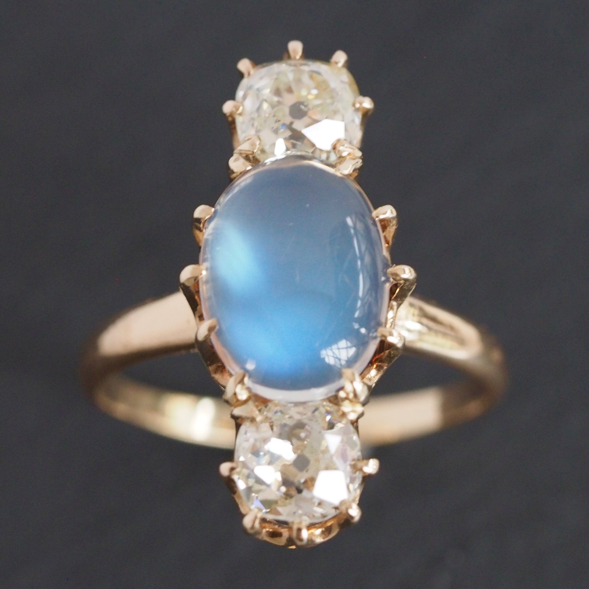 Antique Victorian 14k Gold Ring Paired with Two Old Mine Cut Diamonds and Moonstone