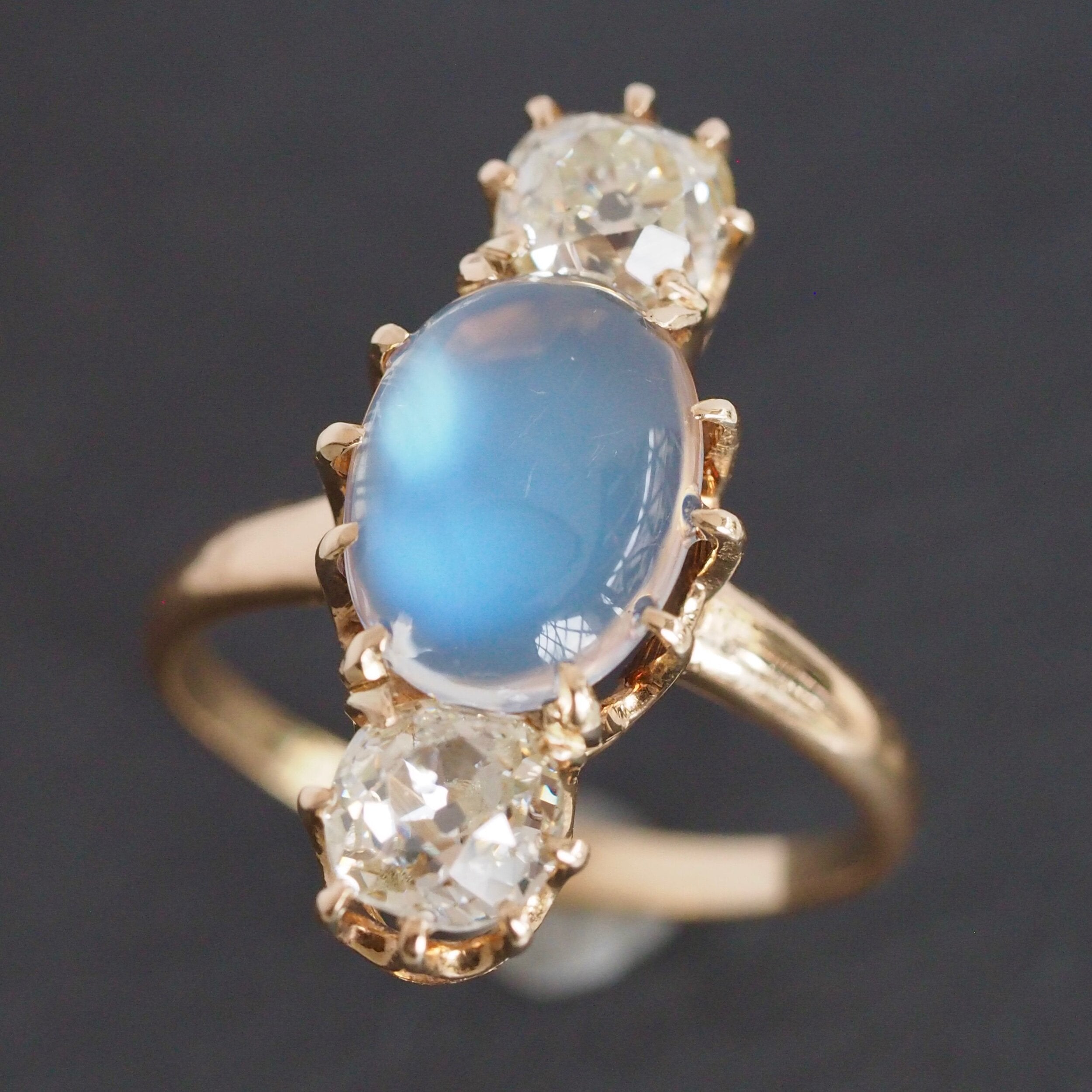 Antique Victorian 14k Gold Ring Paired with Two Old Mine Cut Diamonds and Moonstone