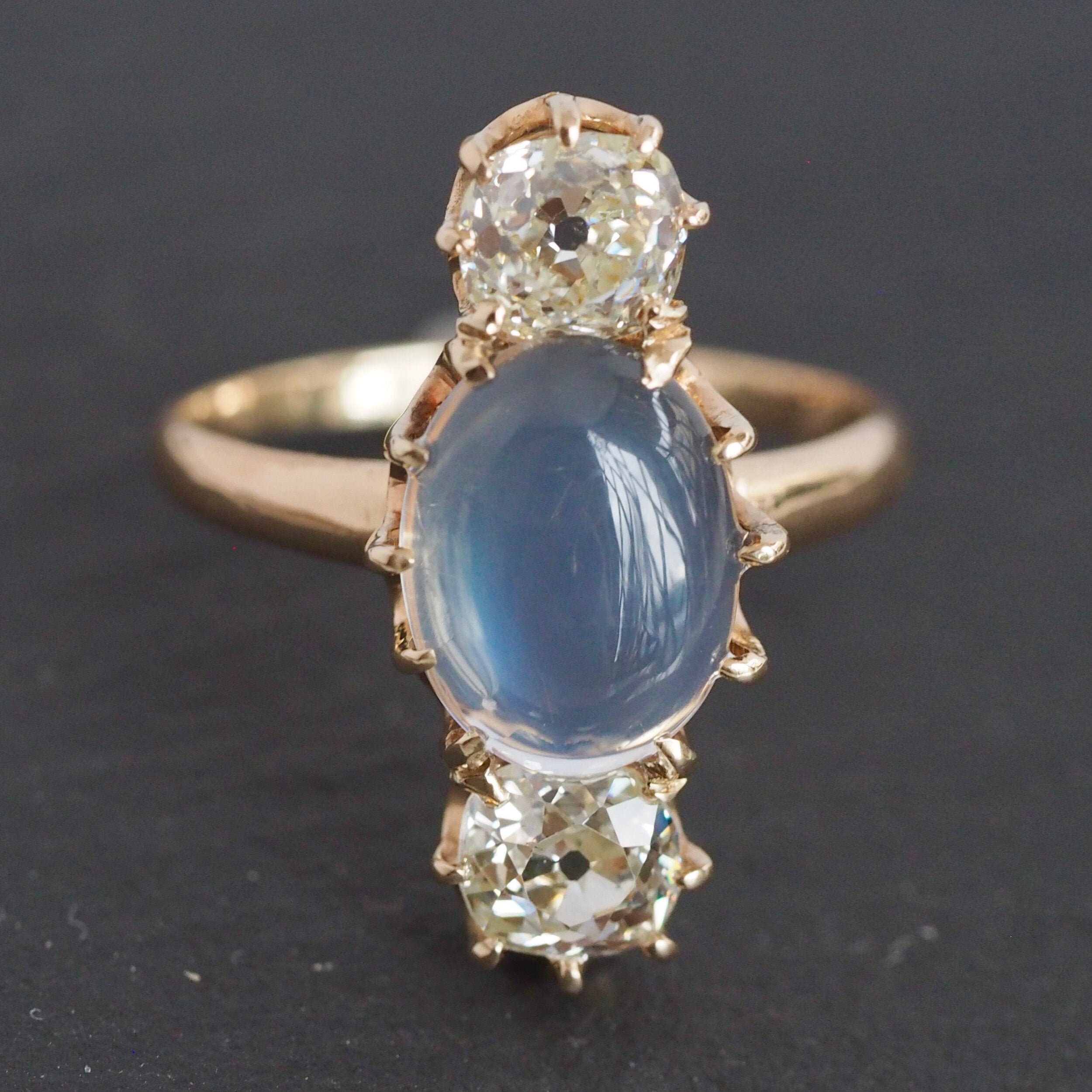 Antique Victorian 14k Gold Ring Paired with Two Old Mine Cut Diamonds and Moonstone