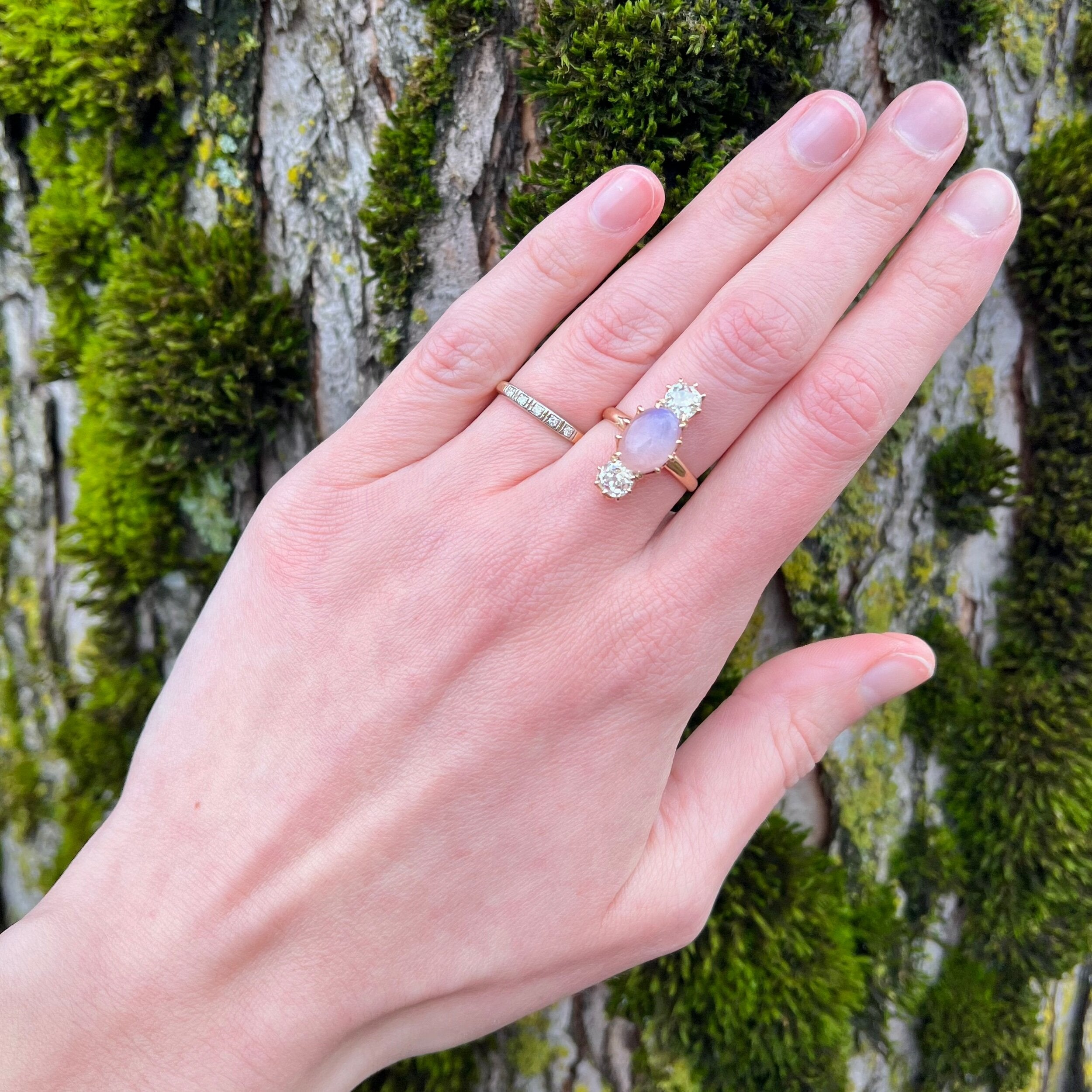 Antique Victorian 14k Gold Ring Paired with Two Old Mine Cut Diamonds and Moonstone
