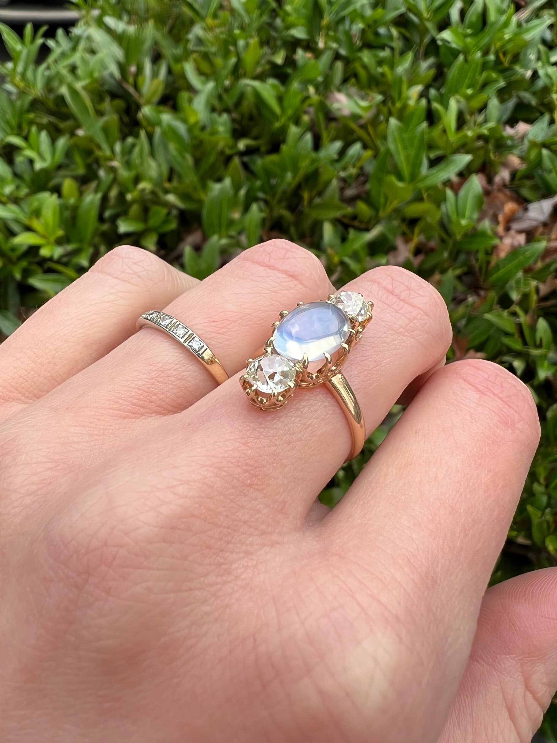 Antique Victorian 14k Gold Ring Paired with Two Old Mine Cut Diamonds and Moonstone