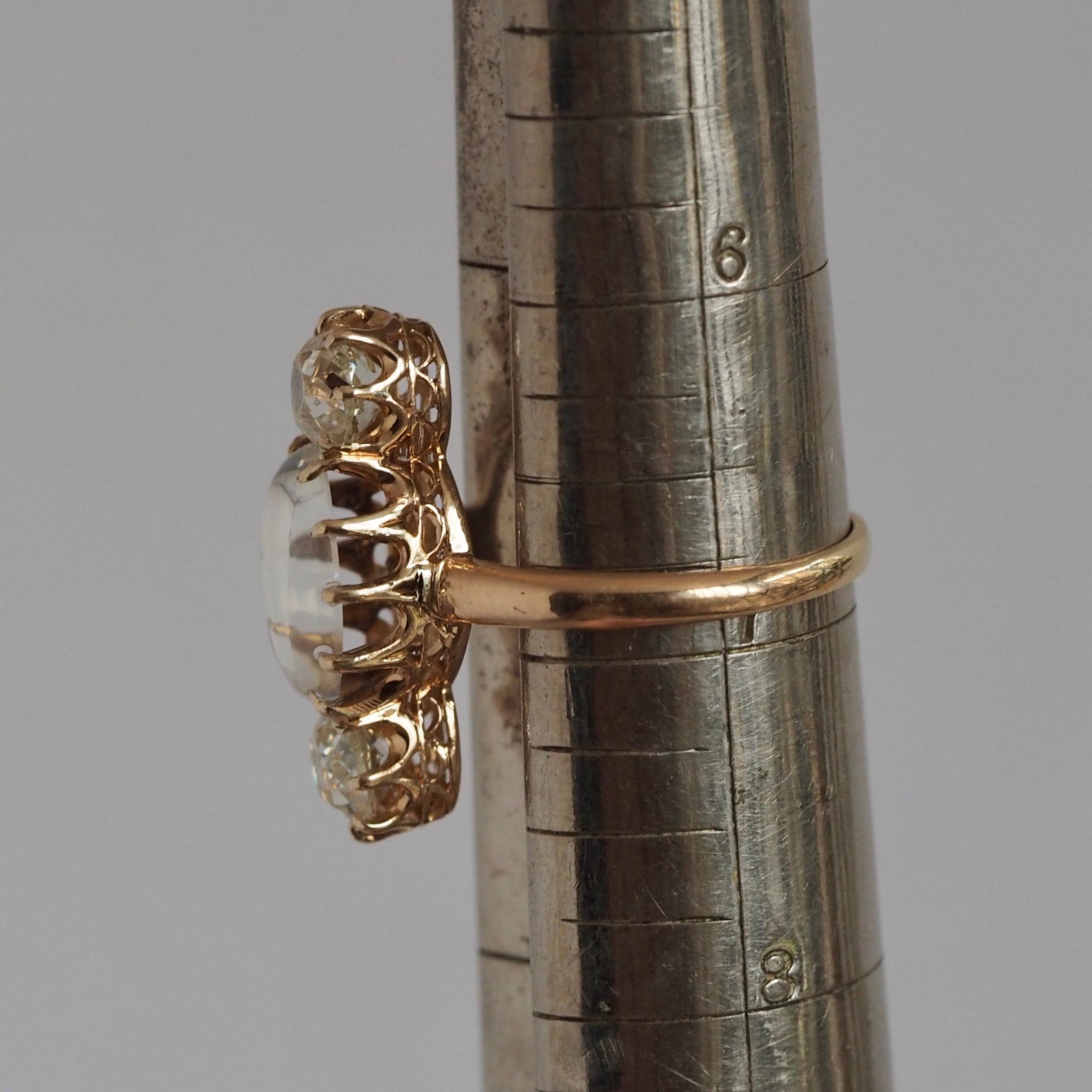 Antique Victorian 14k Gold Ring Paired with Two Old Mine Cut Diamonds and Moonstone