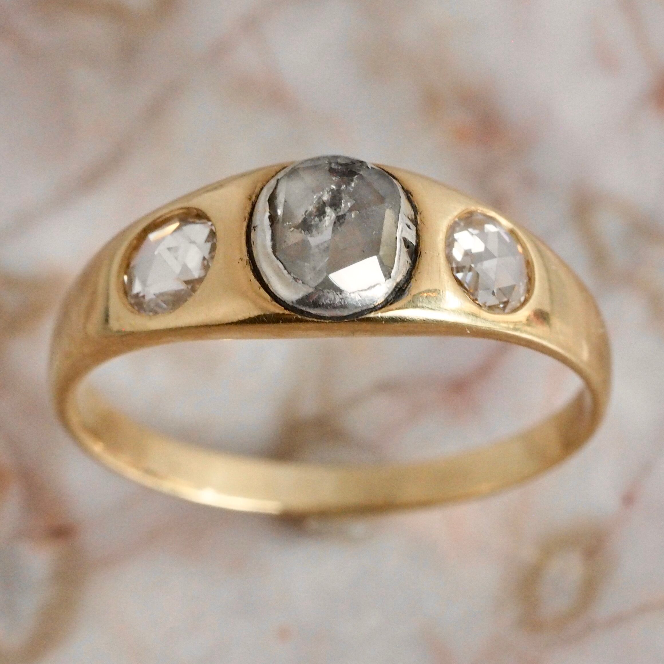 Antique Victorian 14k Gold Rose Cut Diamond Trilogy Ring