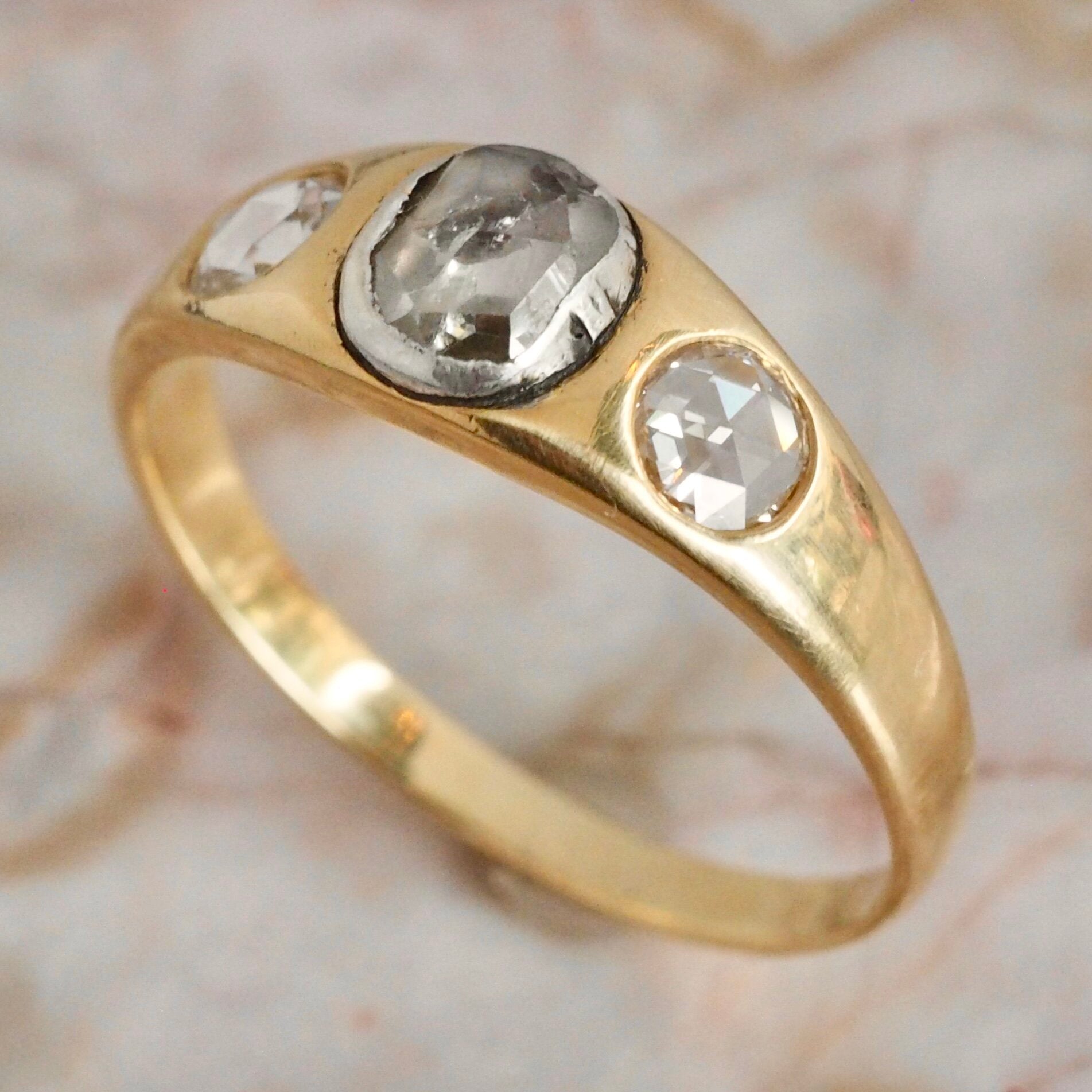 Antique Victorian 14k Gold Rose Cut Diamond Trilogy Ring