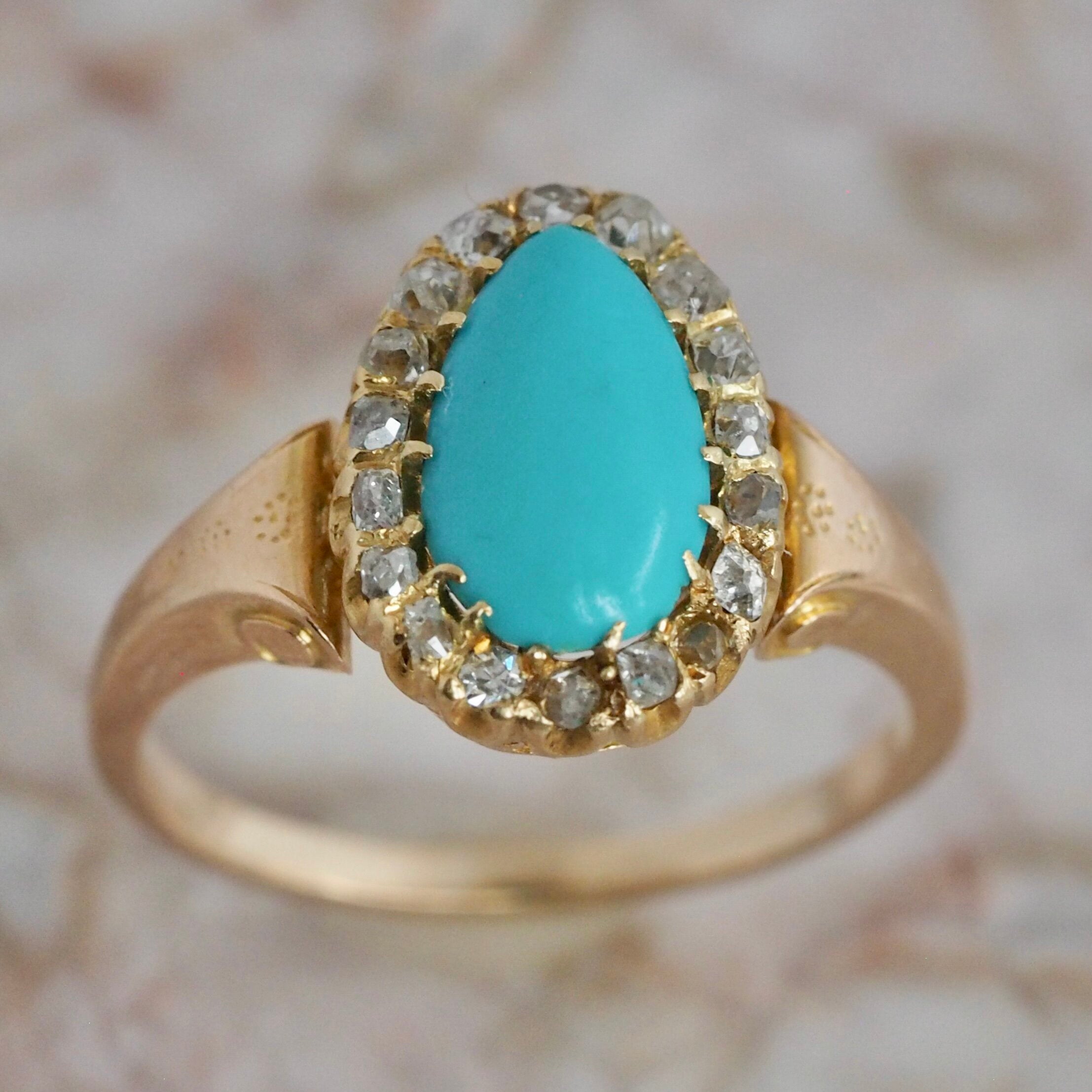 Antique Victorian 14k Turquoise Diamond Halo Ring