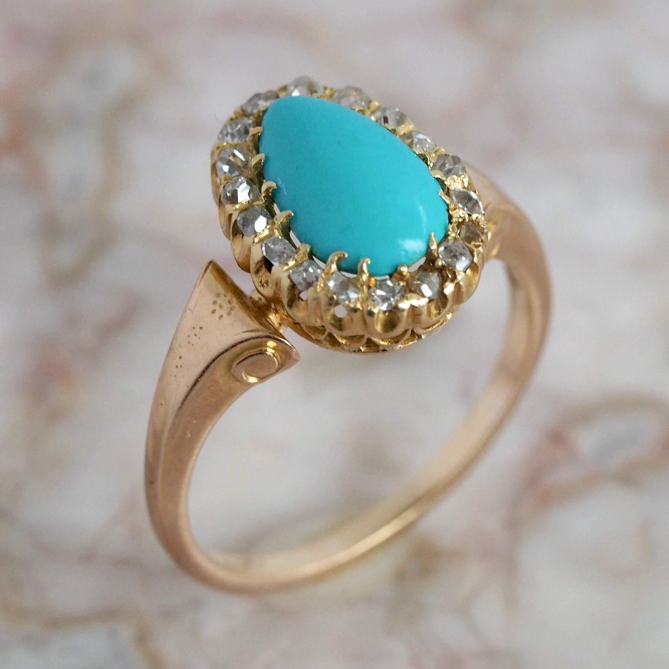 Antique Victorian 14k Turquoise Diamond Halo Ring