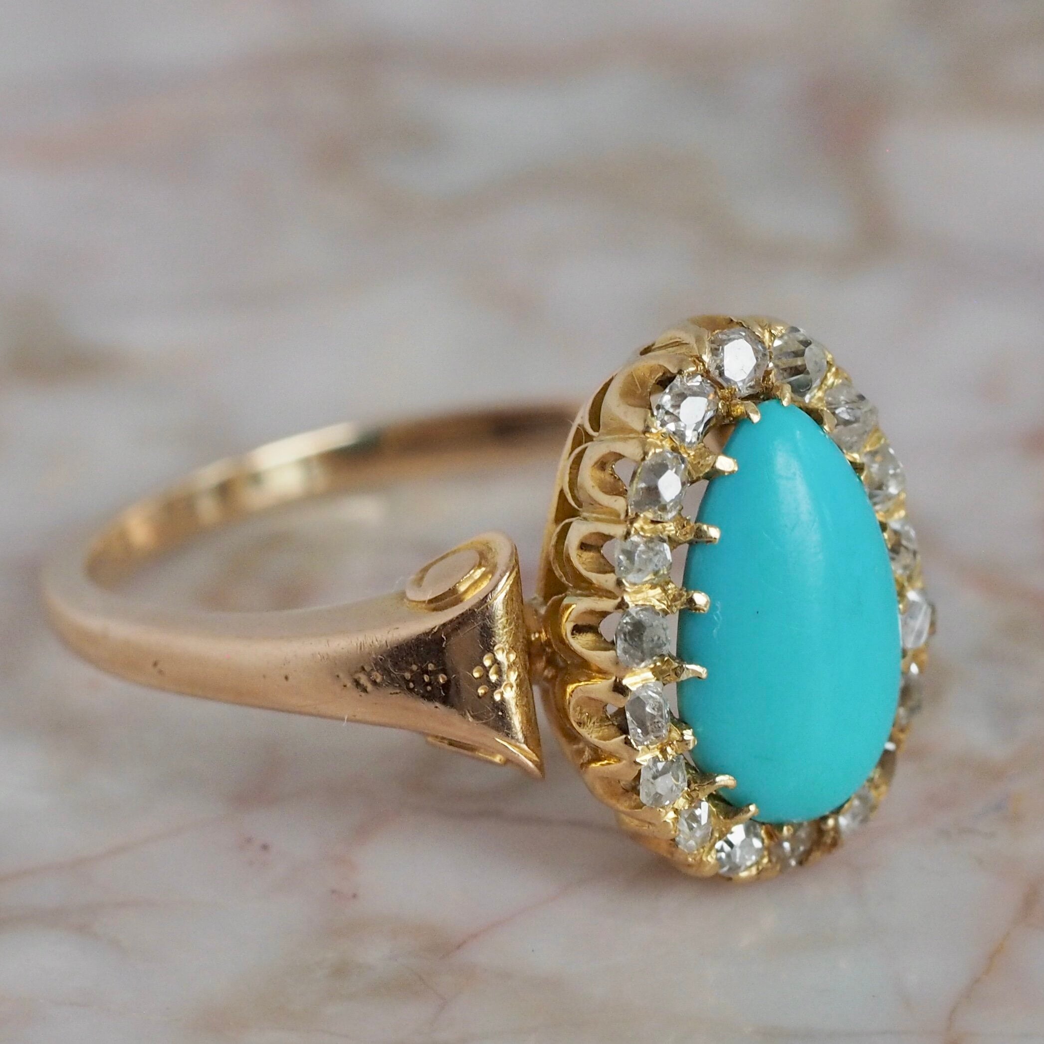 Antique Victorian 14k Turquoise Diamond Halo Ring