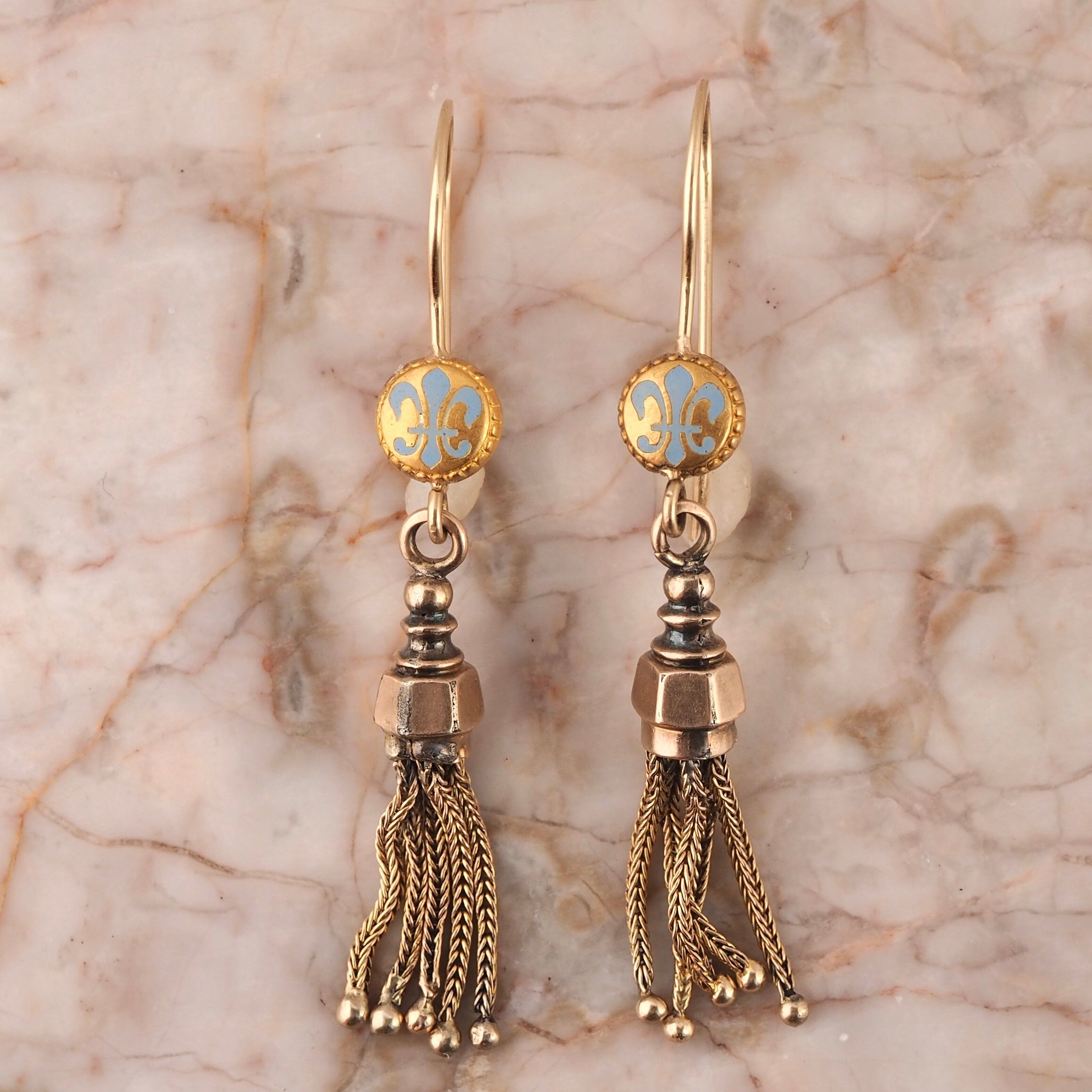 Antique Victorian 14k and 18k Gold Enamel Fleur de Lis Tassel Earrings