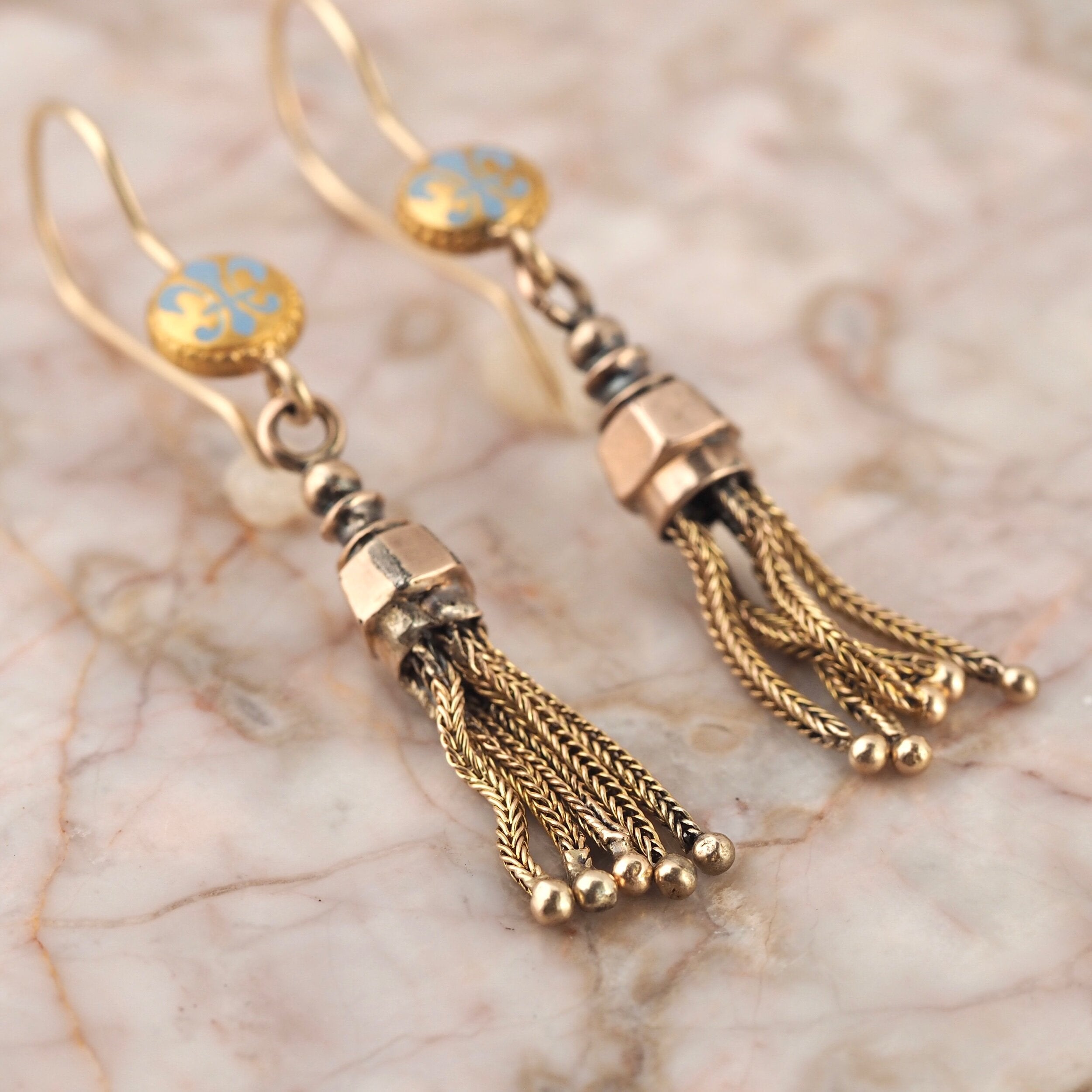 Antique Victorian 14k and 18k Gold Enamel Fleur de Lis Tassel Earrings