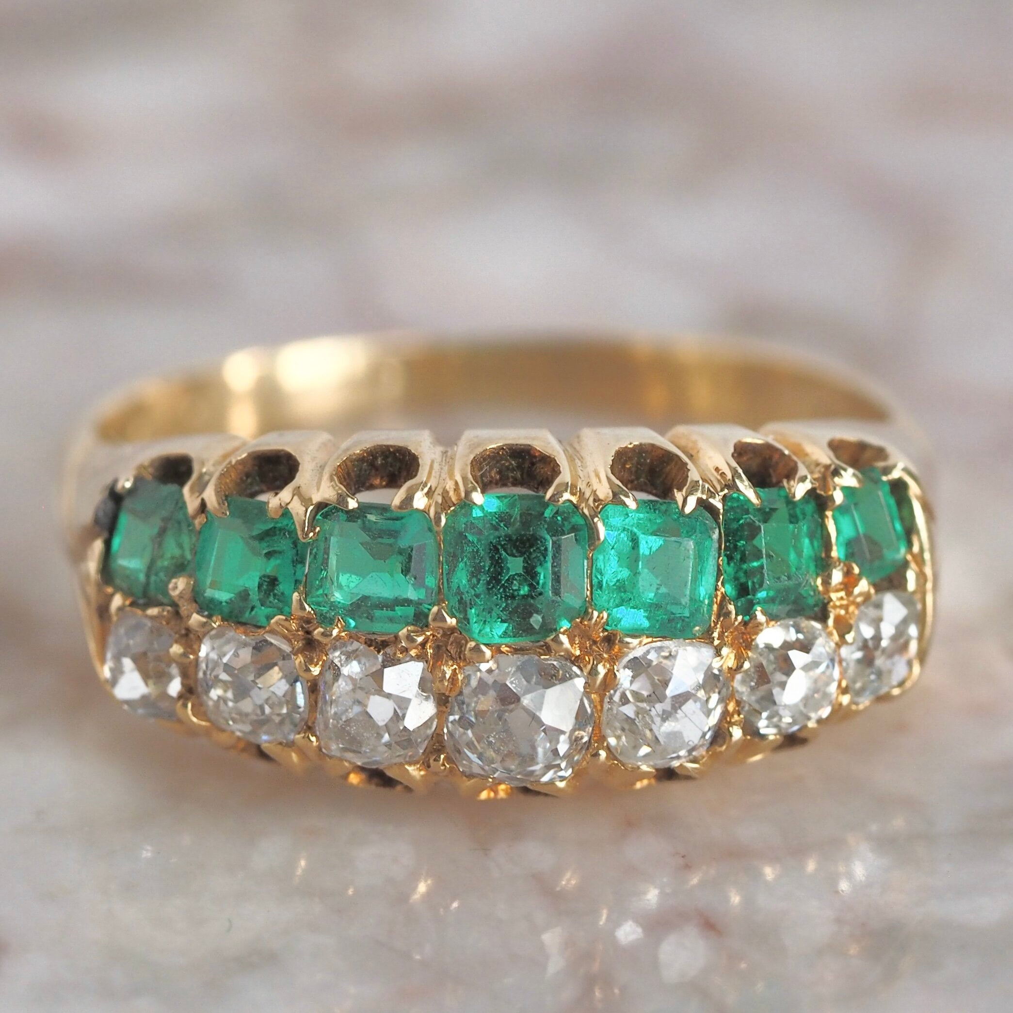 Antique Victorian 18k Gold Emerald and Diamond Double Half Hoop Ring