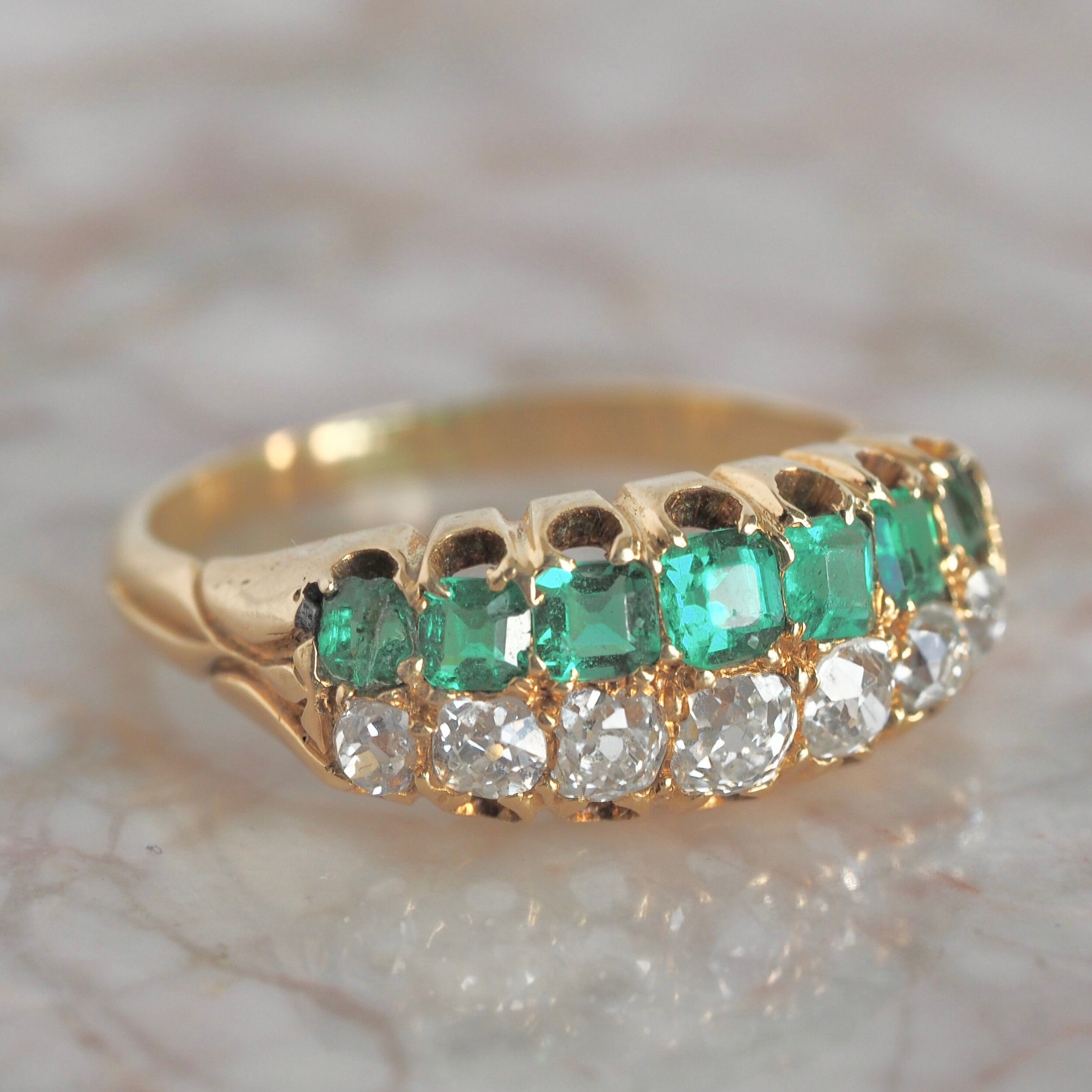 Antique Victorian 18k Gold Emerald and Diamond Double Half Hoop Ring