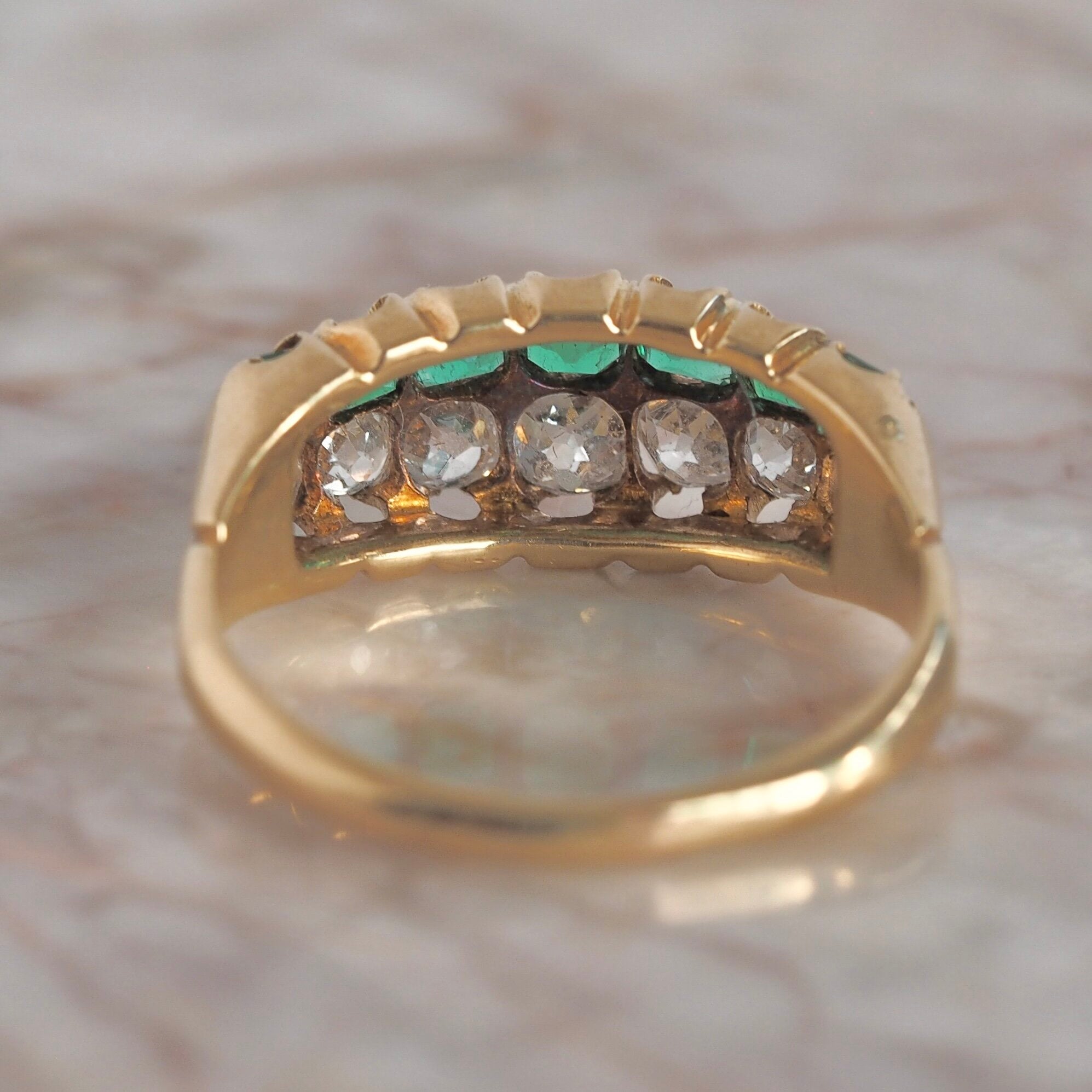 Antique Victorian 18k Gold Emerald and Diamond Double Half Hoop Ring