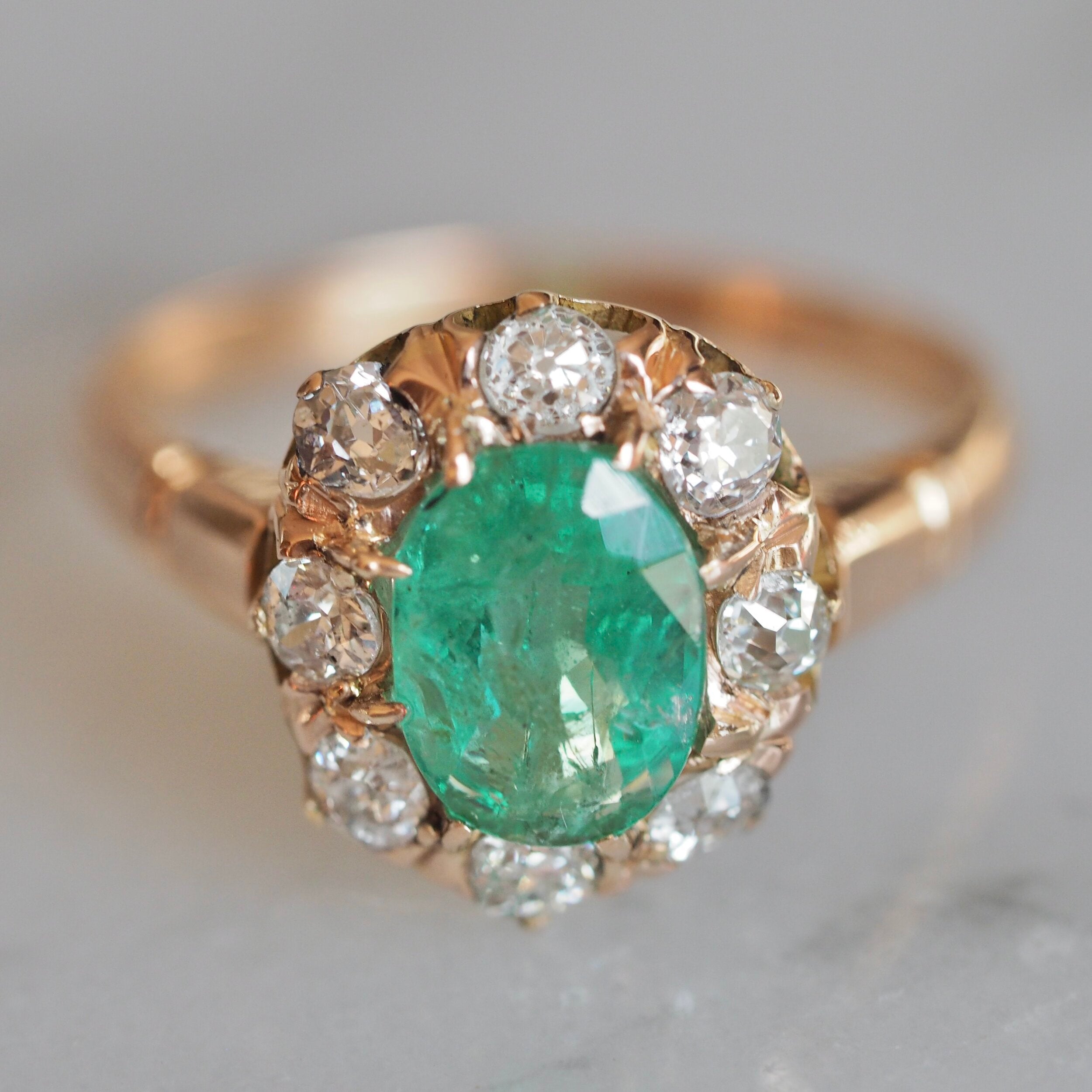 Antique Victorian 18k Gold Emerald and Diamond Halo Ring