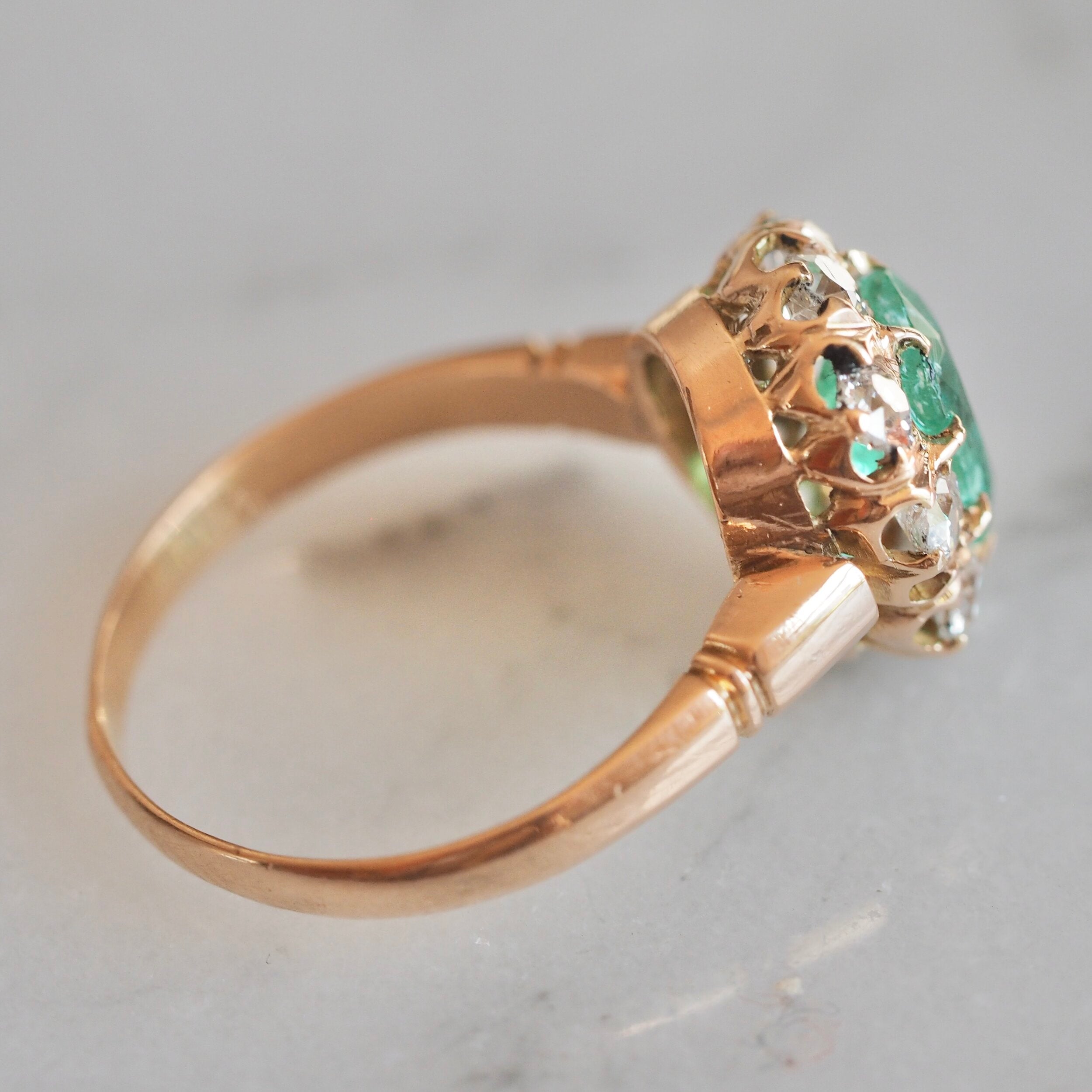 Antique Victorian 18k Gold Emerald and Diamond Halo Ring