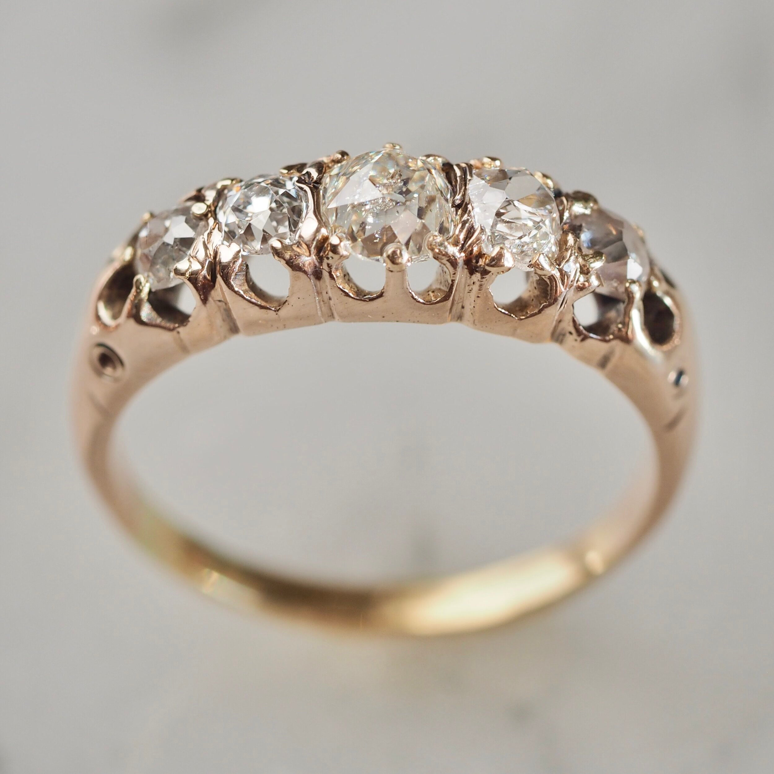 Antique Victorian 18k Gold Old Mine Cut Diamond Five Stone Carved Half Hoop Ring