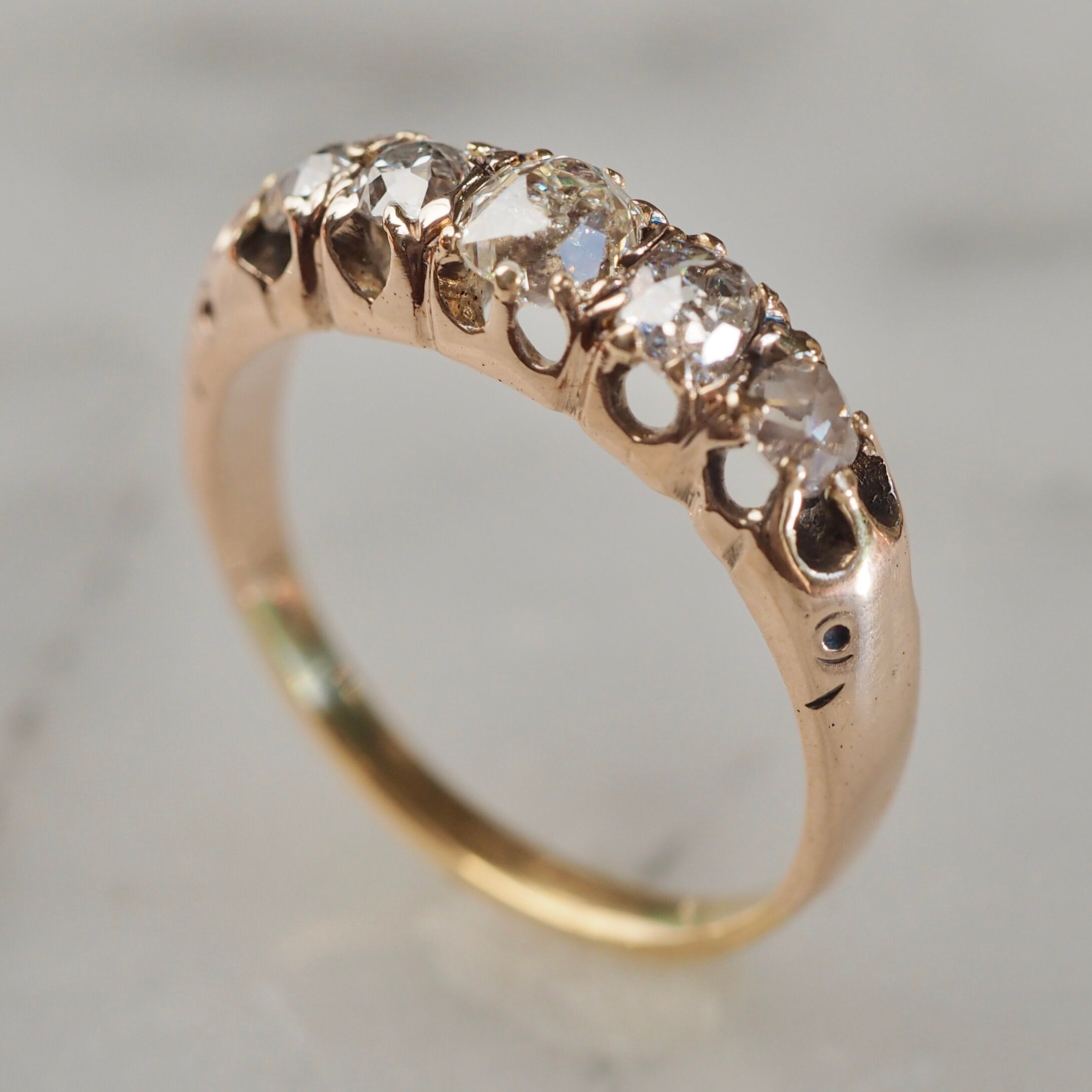 Antique Victorian 18k Gold Old Mine Cut Diamond Five Stone Carved Half Hoop Ring