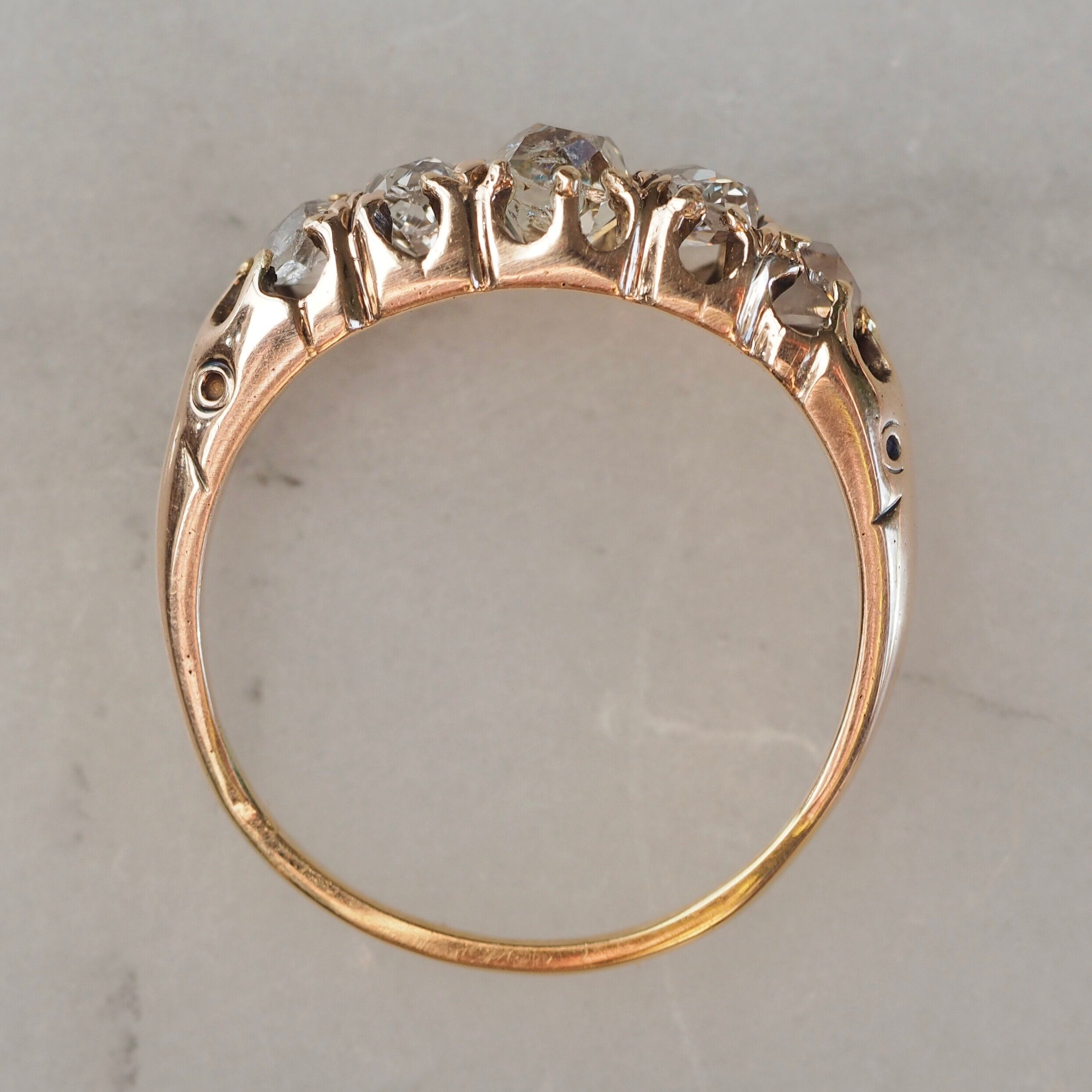 Antique Victorian 18k Gold Old Mine Cut Diamond Five Stone Carved Half Hoop Ring