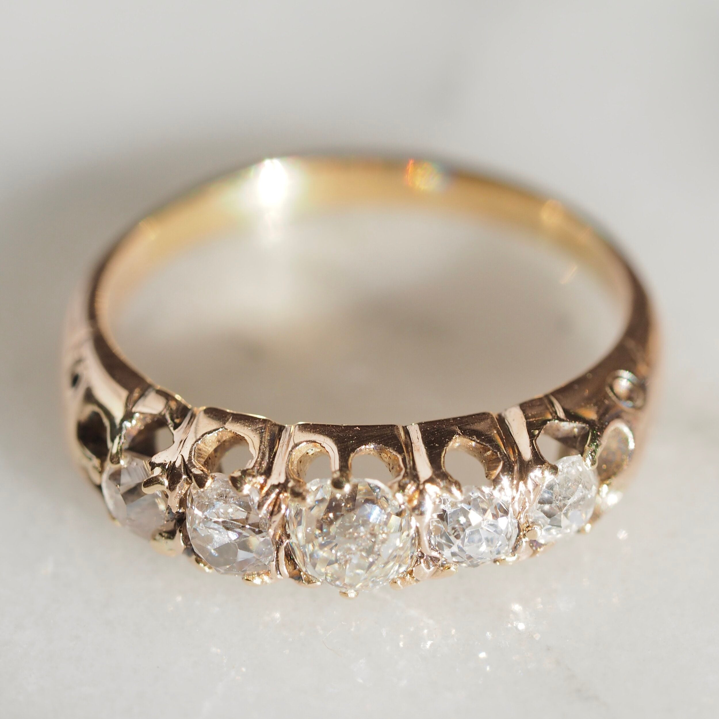 Antique Victorian 18k Gold Old Mine Cut Diamond Five Stone Carved Half Hoop Ring