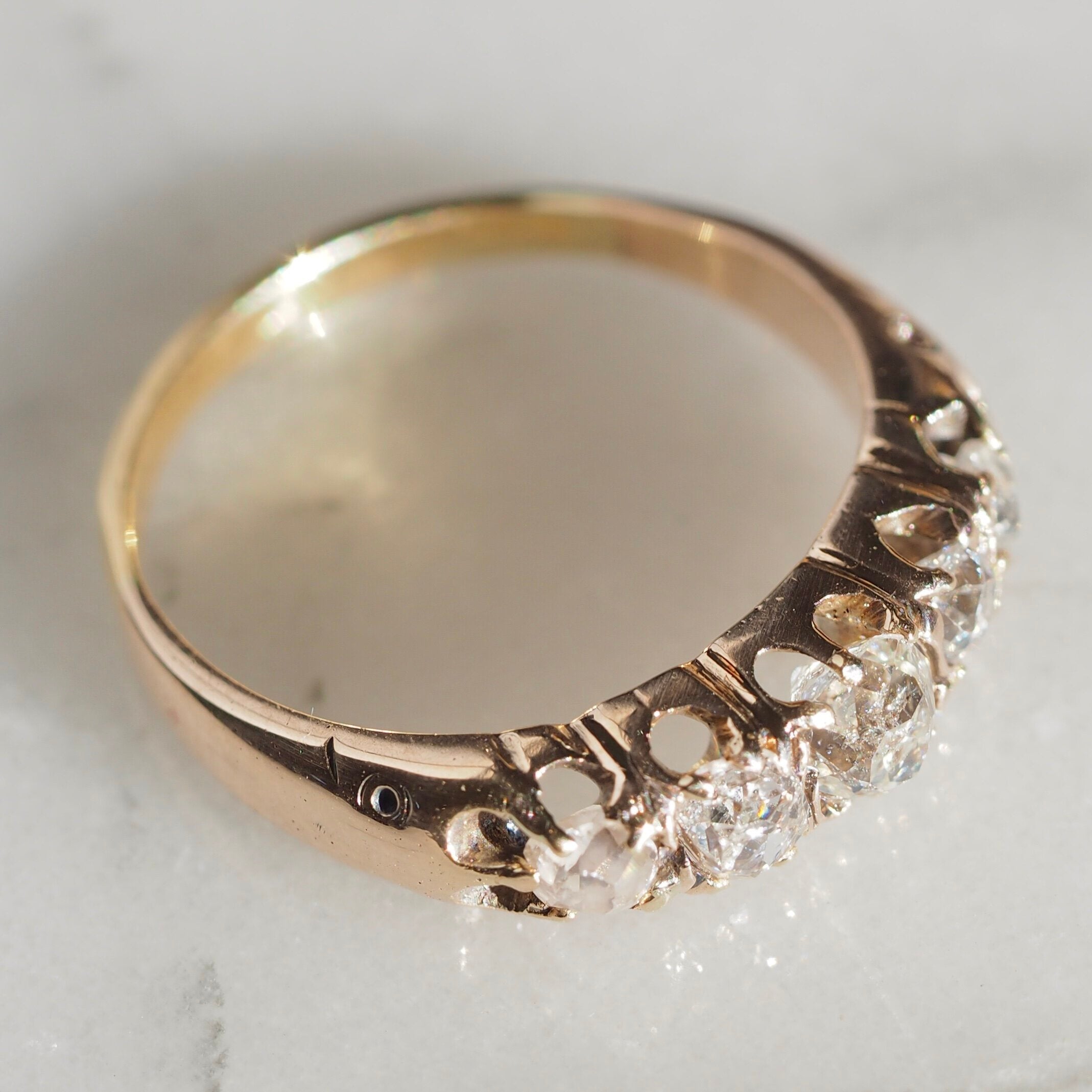 Antique Victorian 18k Gold Old Mine Cut Diamond Five Stone Carved Half Hoop Ring