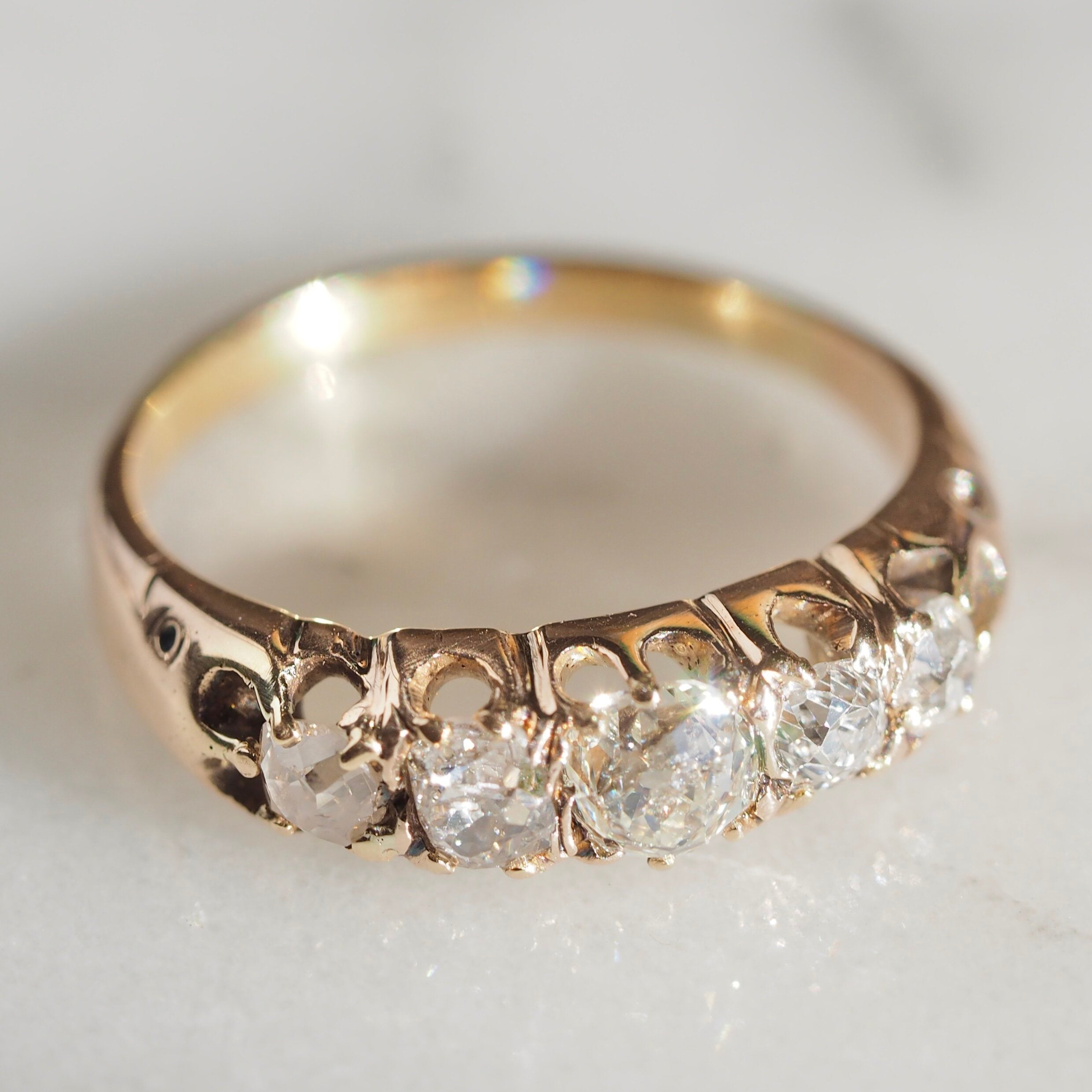 Antique Victorian 18k Gold Old Mine Cut Diamond Five Stone Carved Half Hoop Ring