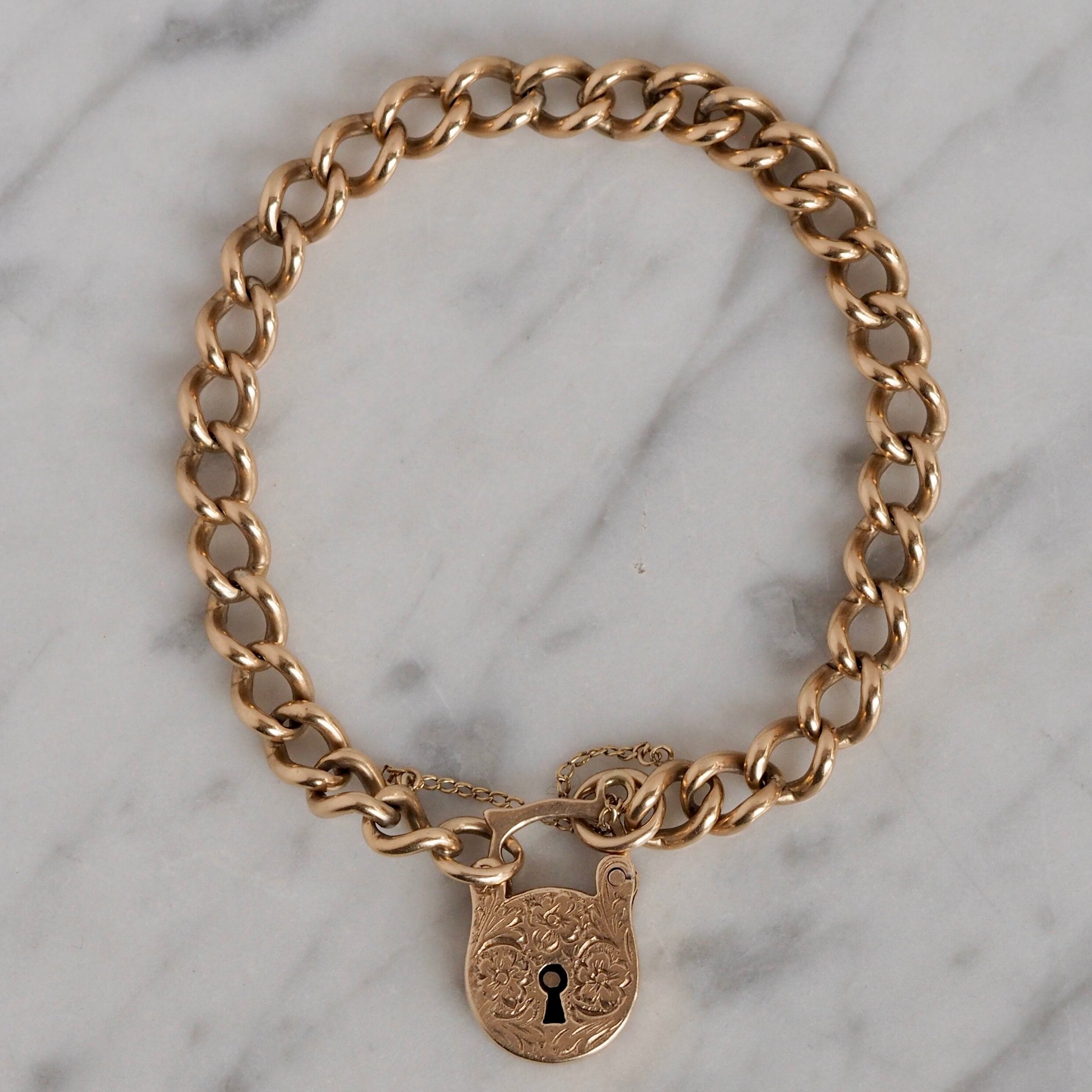 Antique Victorian 9k Gold Curb Link and Padlock Bracelet