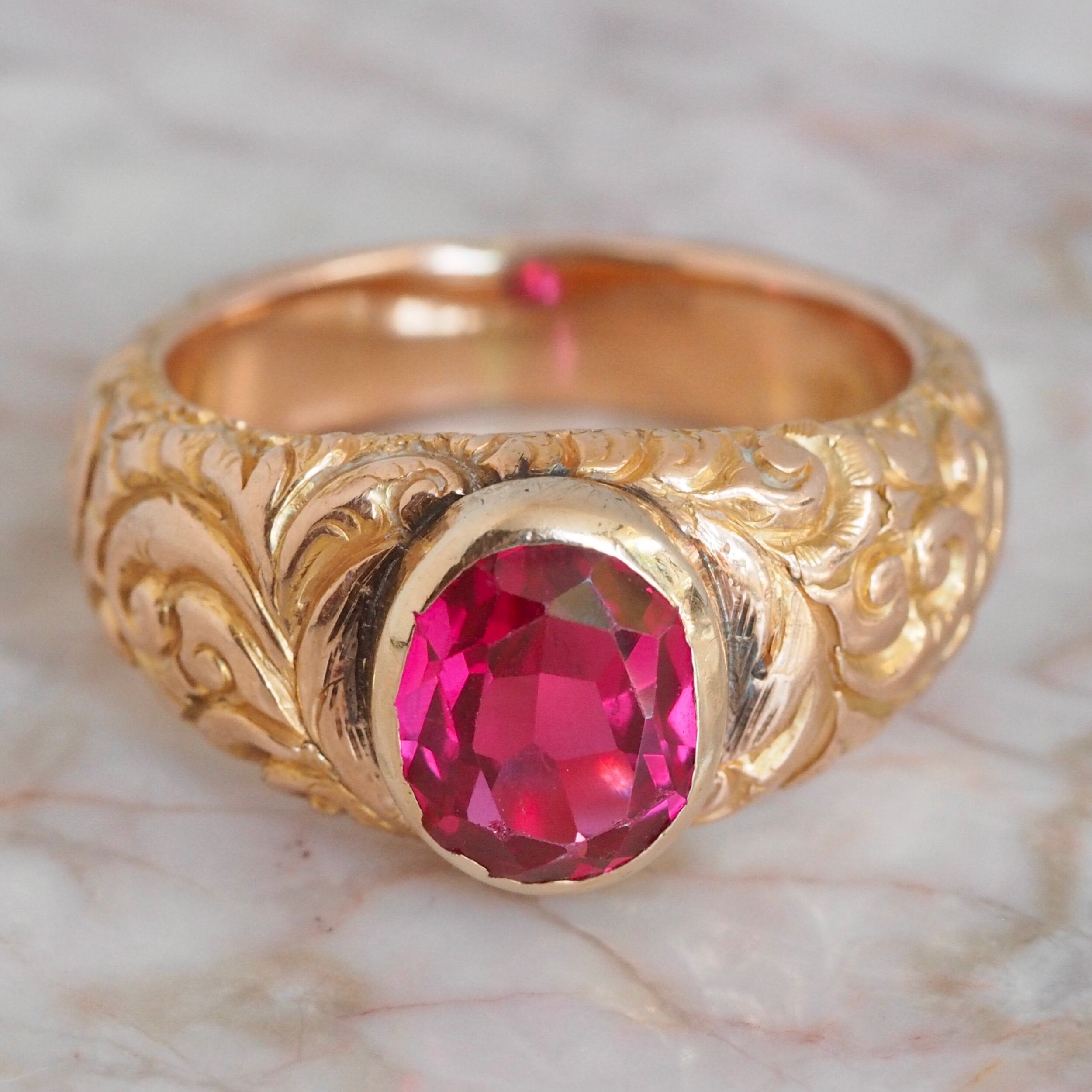 Antique Victorian Engraved 14k Gold Bezel Set Ruby Ring
