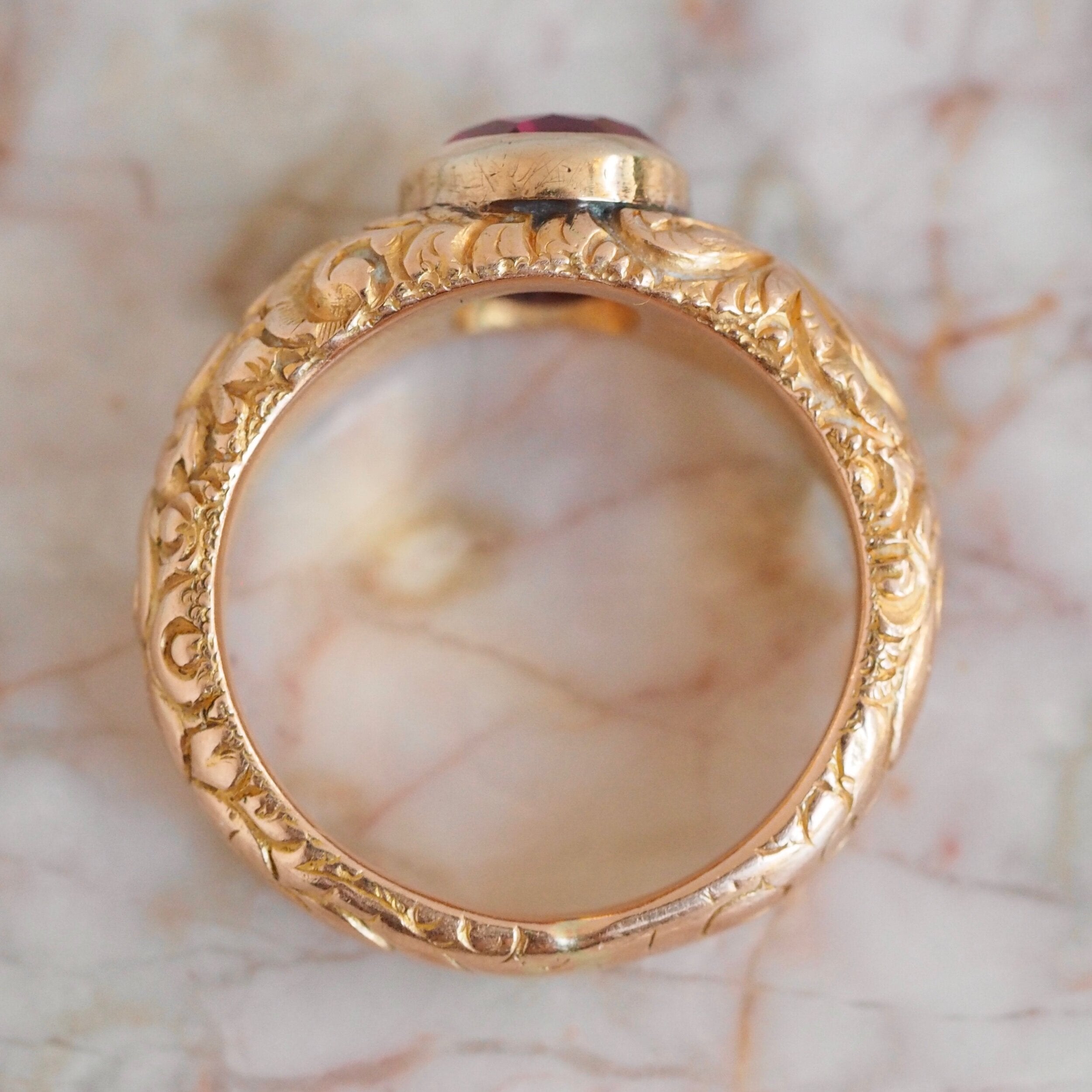 Antique Victorian Engraved 14k Gold Bezel Set Ruby Ring
